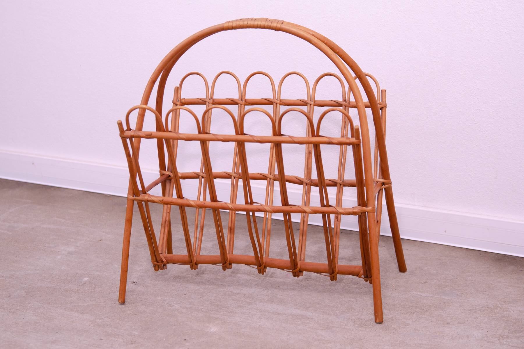 Mid century rattan magazine rack by Jan Kalous for ÚLUV, 1960´s, Czechoslovakia