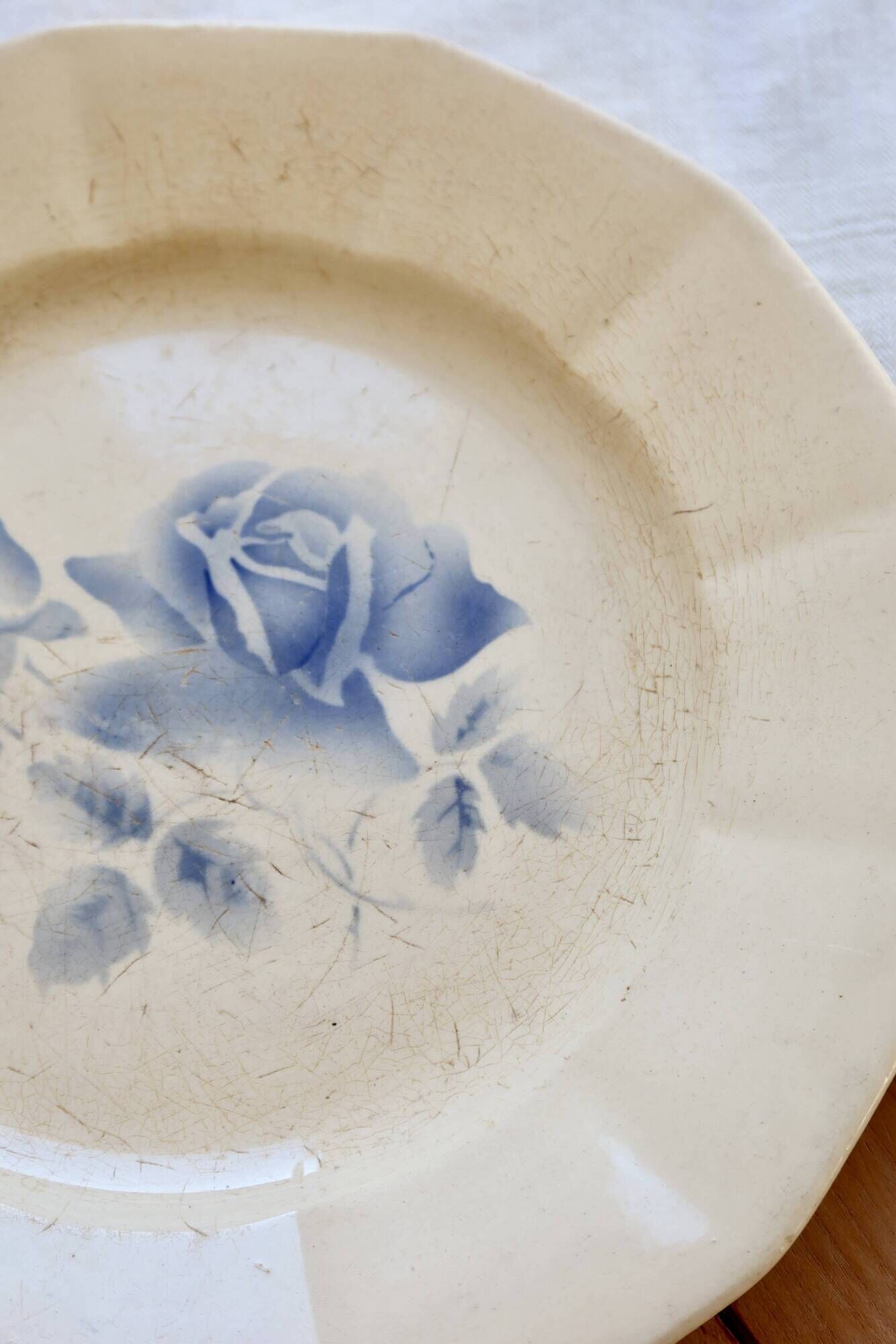 Antique flat plate, ironstone Digoin ivory - Blue rose decoration