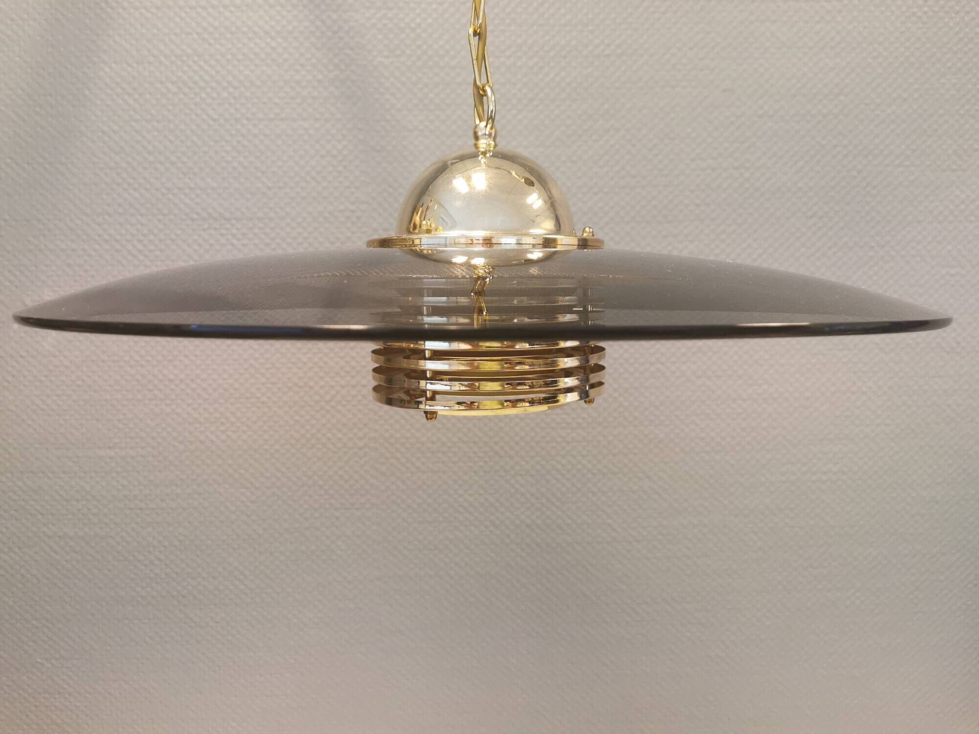 Original Belid T 391 pendant light in gold-coloured metal and smoke-coloured glass