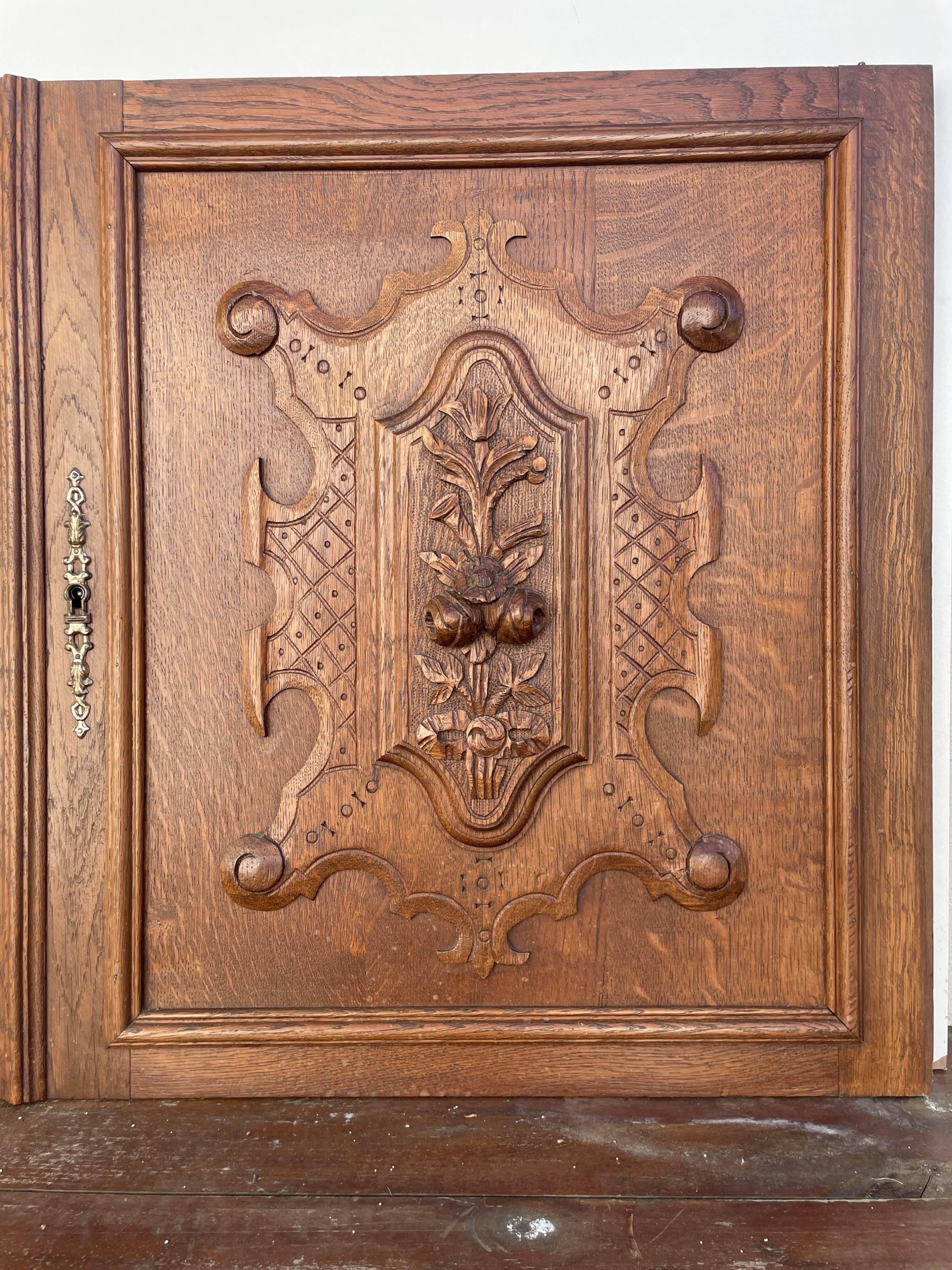 Pair of old carved wooden door panels Bas relief (oak)