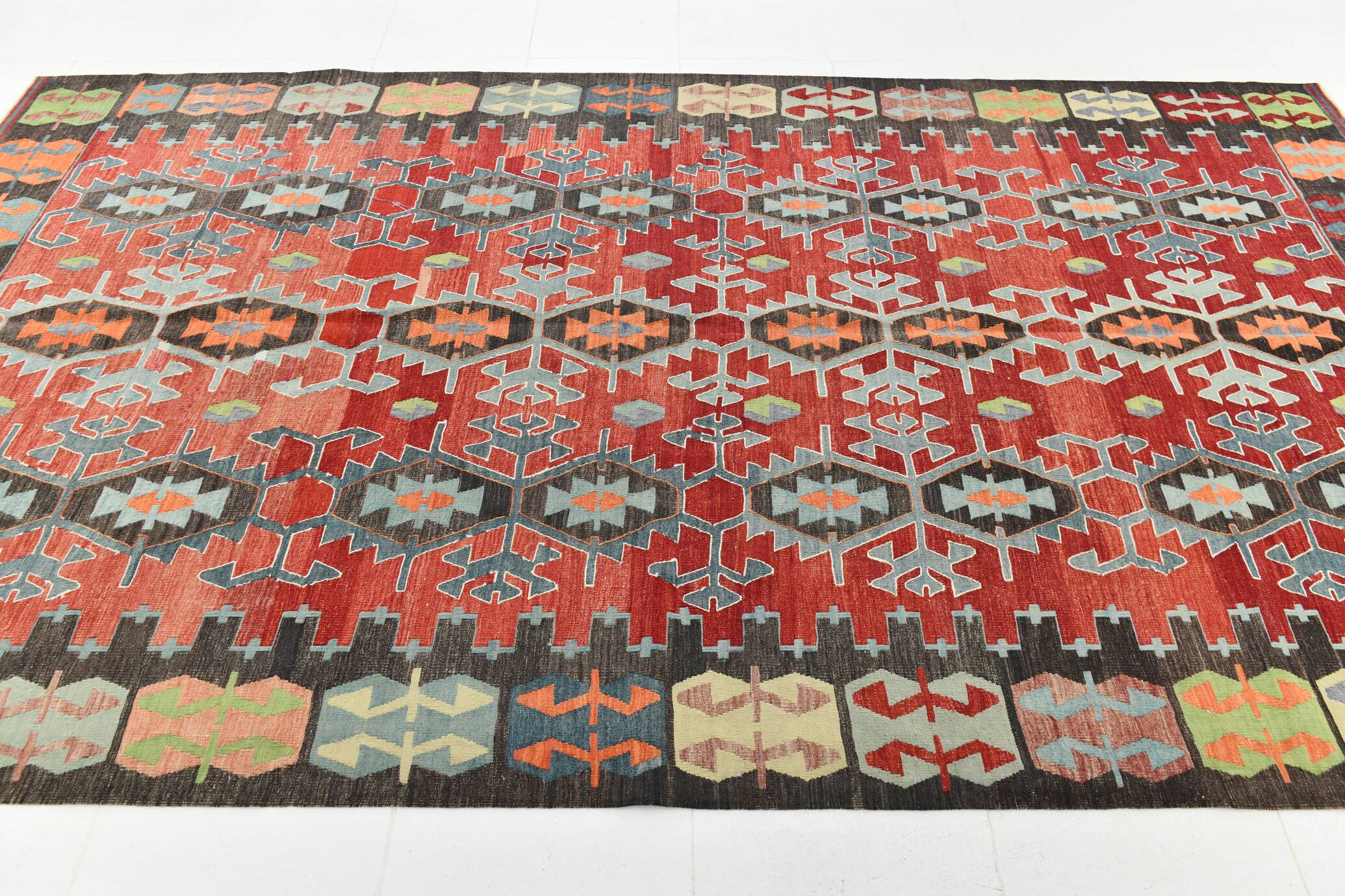 Tapis Kilim Vintage Rouge Motifs Géométriques Ethniques, 195x355 Cm