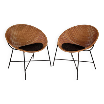 Pair of Rattan Lounge Chairs, Italy, 1970s