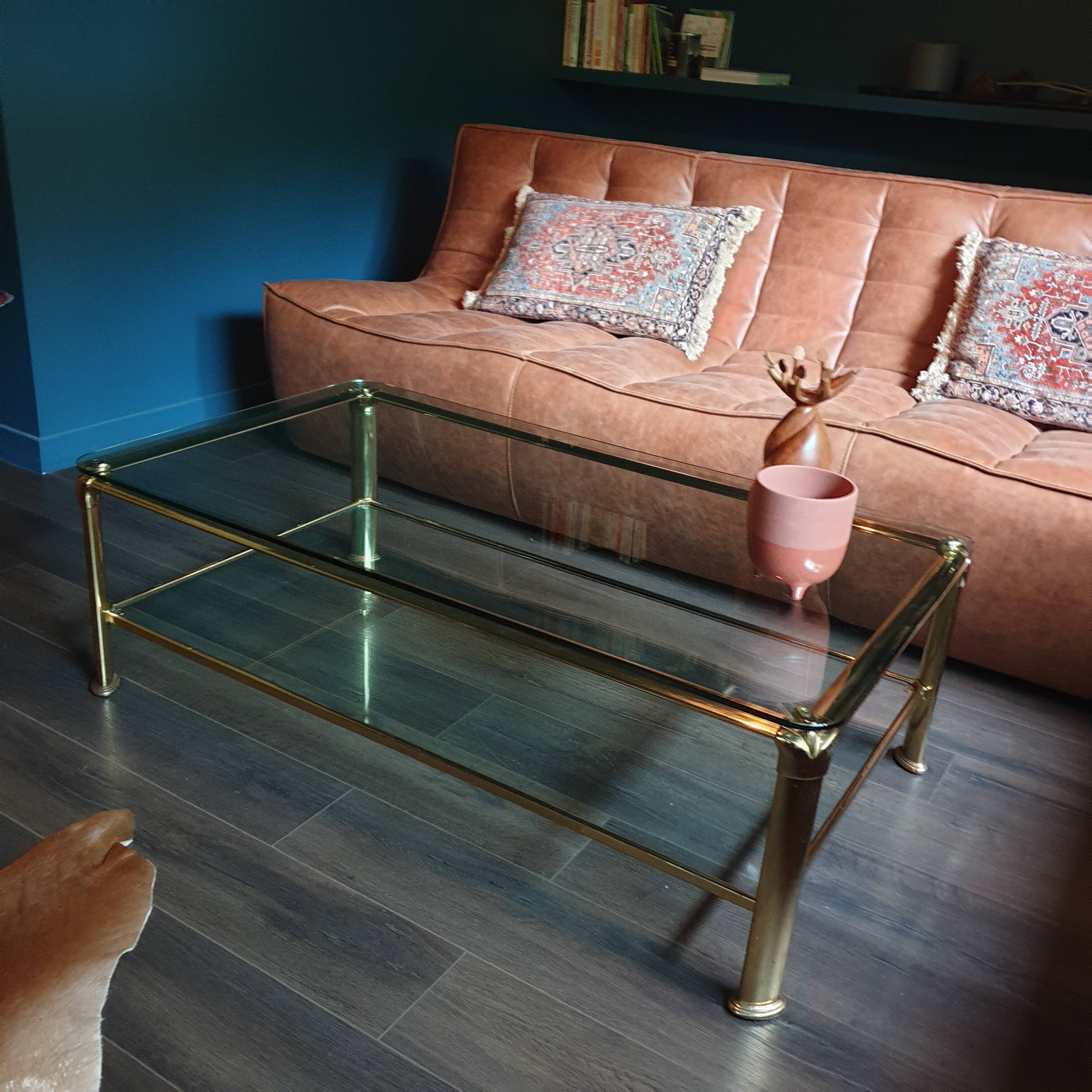 Vintage brass and glass coffee table, Italian, 70s Hollywood Regency style