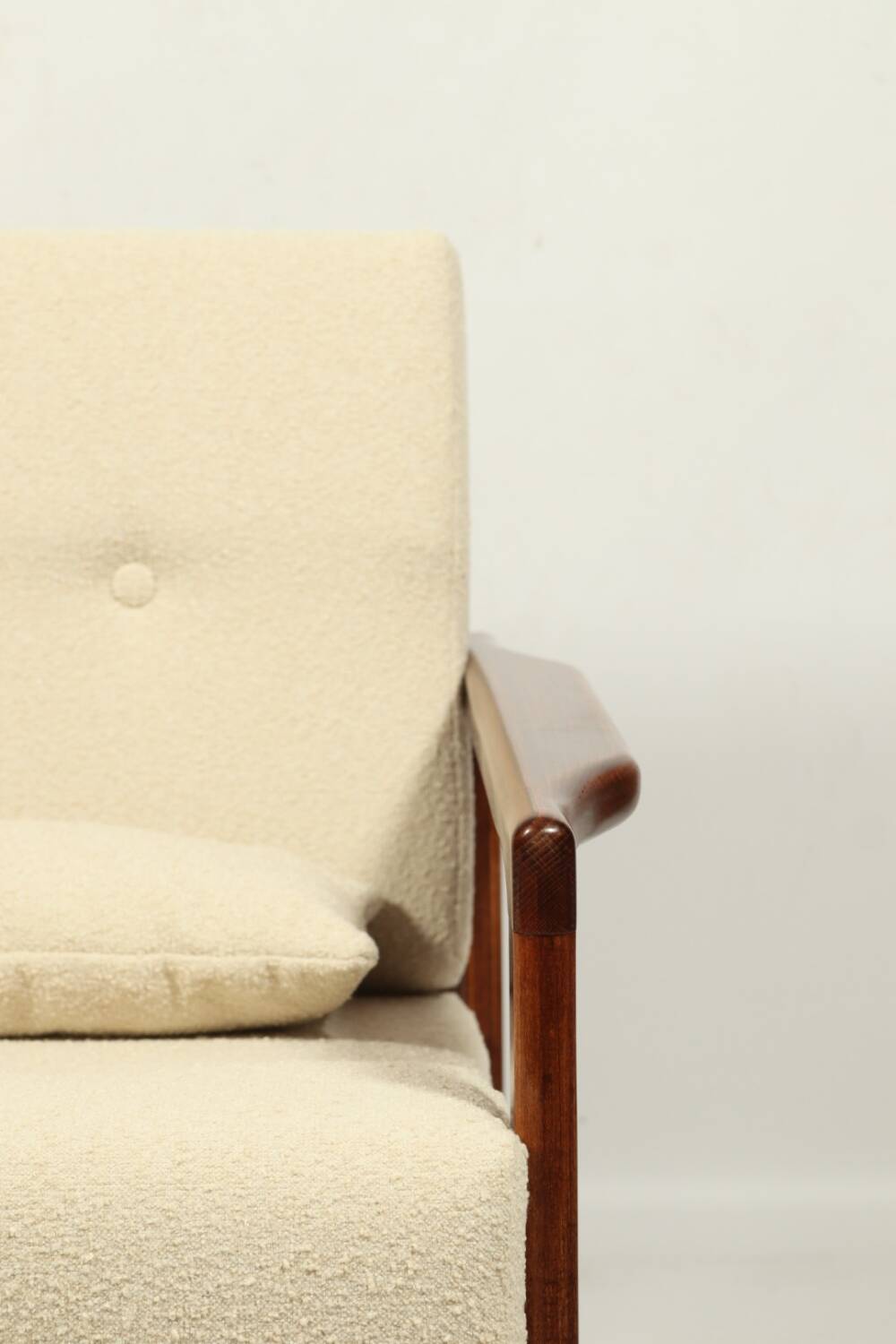 Vintage dark wood beige bouclé armchair by Z.Baczyk 1965