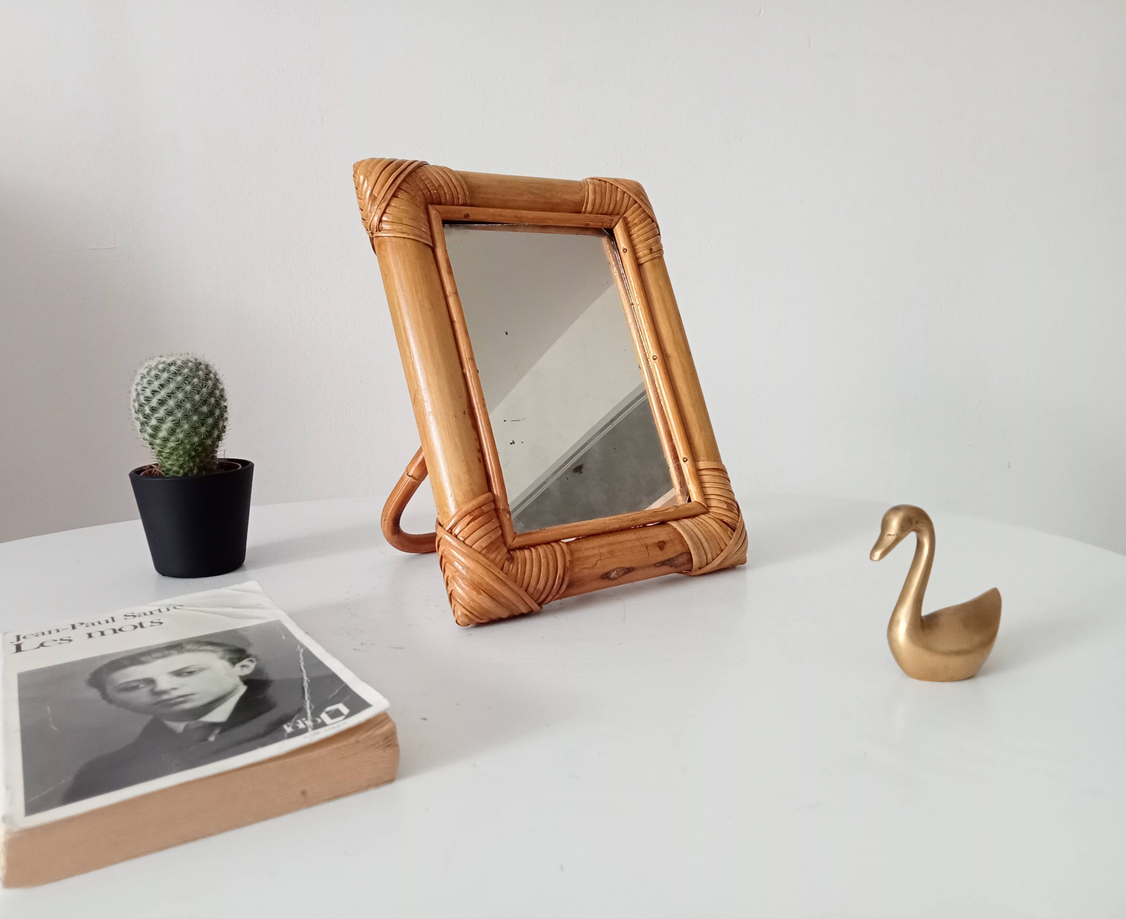 Vintage 1970s rattan tabletop mirror