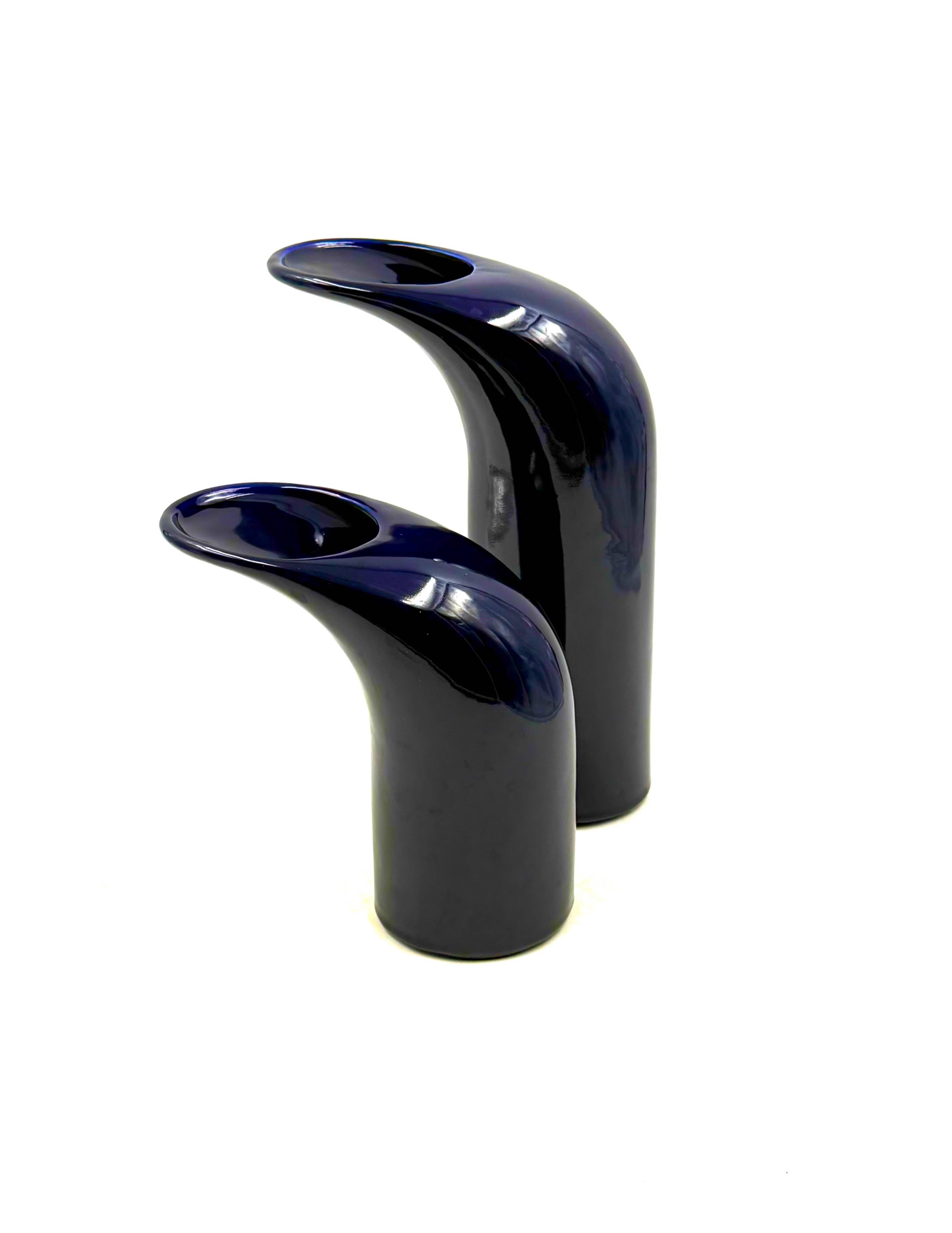 Space age set of 2 blue ceramic vase, Italy ca. 1970