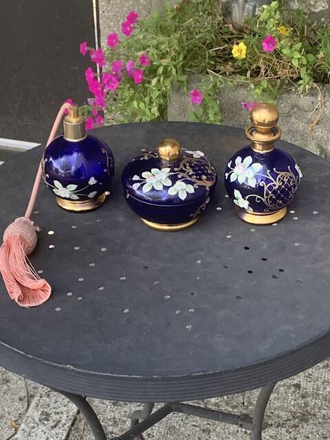 Perfume bottles, in hand-painted blue Bohemian crystal, antique.