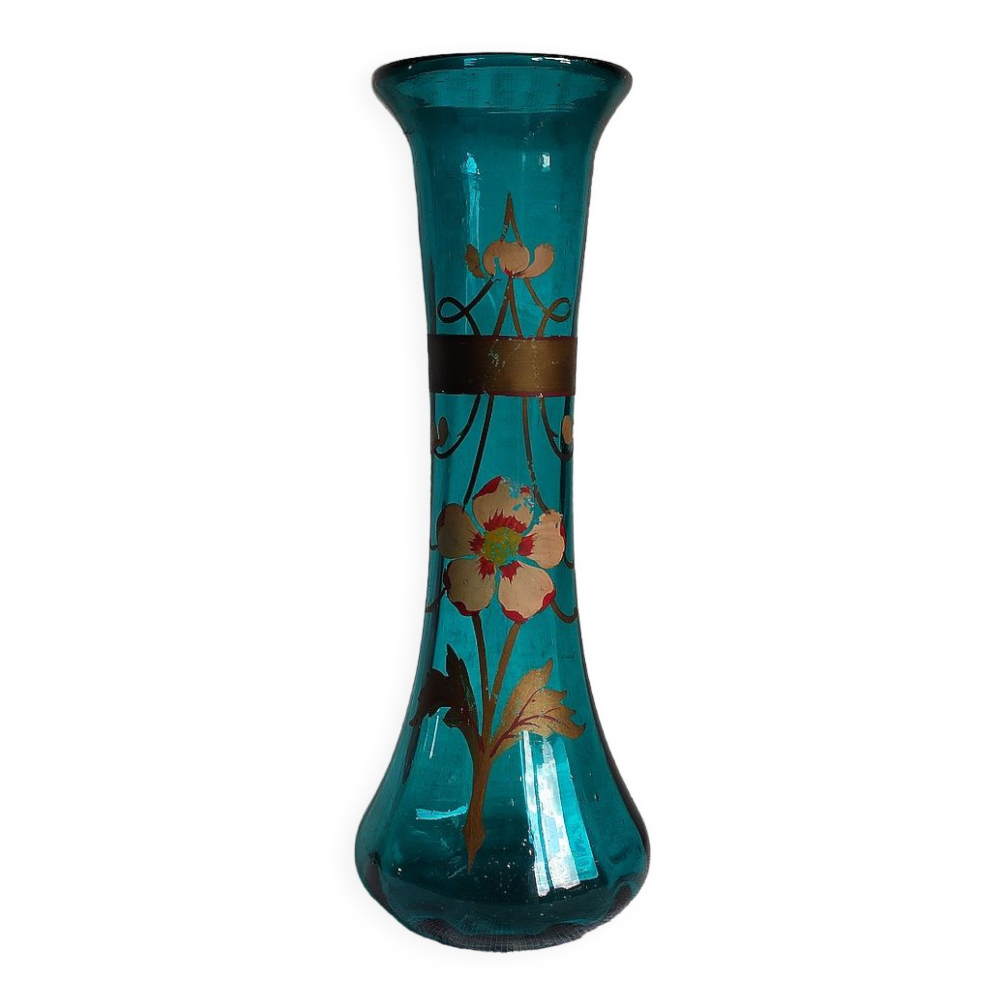 Large art nouveau turquoise blown glass vase