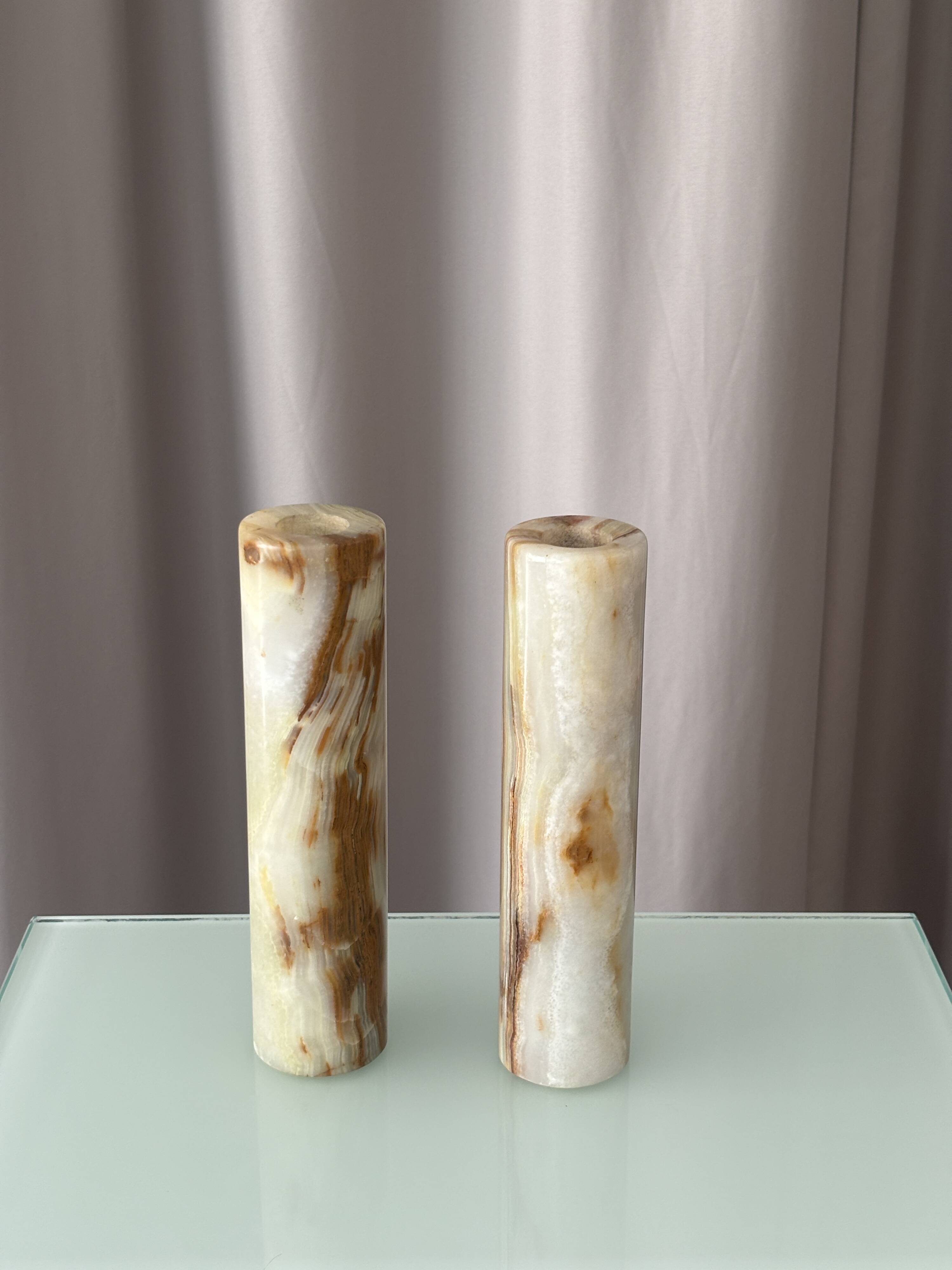 Vintage Alabaster Bud Vases / Candlesticks – Pair – Italian Stone – 20 cm