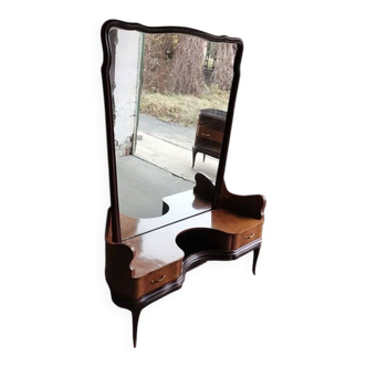 Italian Mid-Century brown wooden and brass dressing table with large mirror, 1950s.