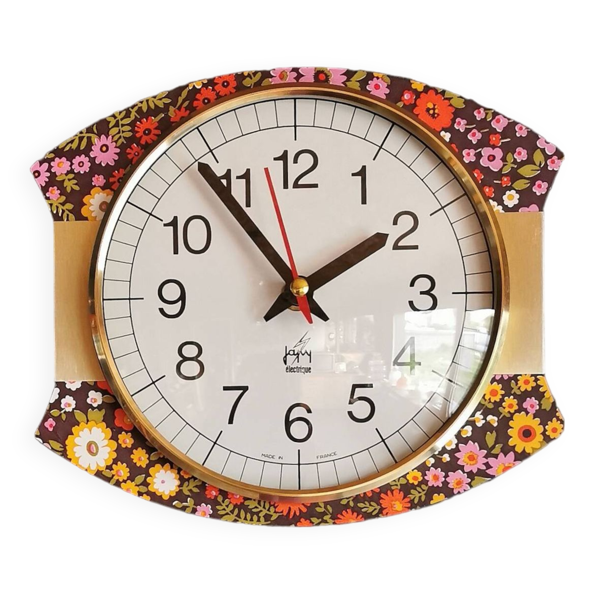 Vintage silent wall pendulum clock 70s "Japy electric flowers"