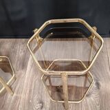 Pair of Stools / Hexagonal Side Tables – Brass & Smoked Glass – 70