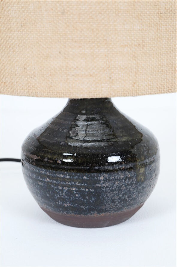 Rare, handcrafted Robert “Rob” Bentsen ceramic table lamp with a jute lampshade / Mid-century Danish modern design / 1960s / 1970s