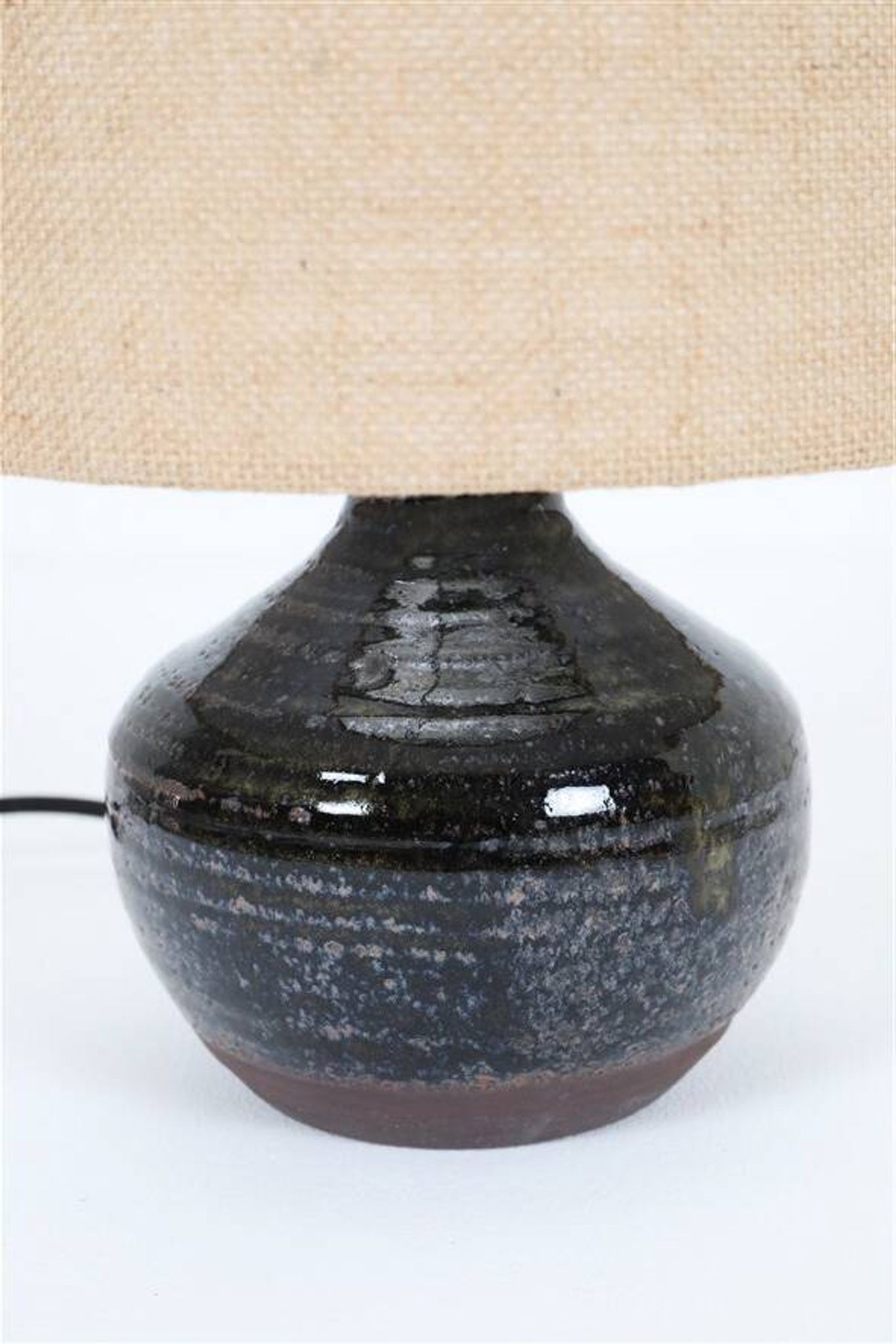 Rare, handcrafted Robert “Rob” Bentsen ceramic table lamp with a jute lampshade / Mid-century Danish modern design / 1960s / 1970s