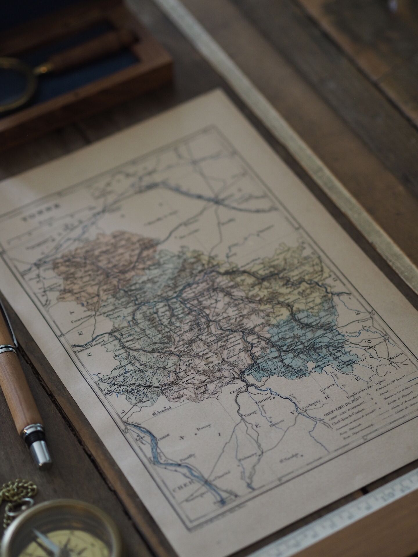 Map of the Yonne, printed in 1889. Authentic Vintage.