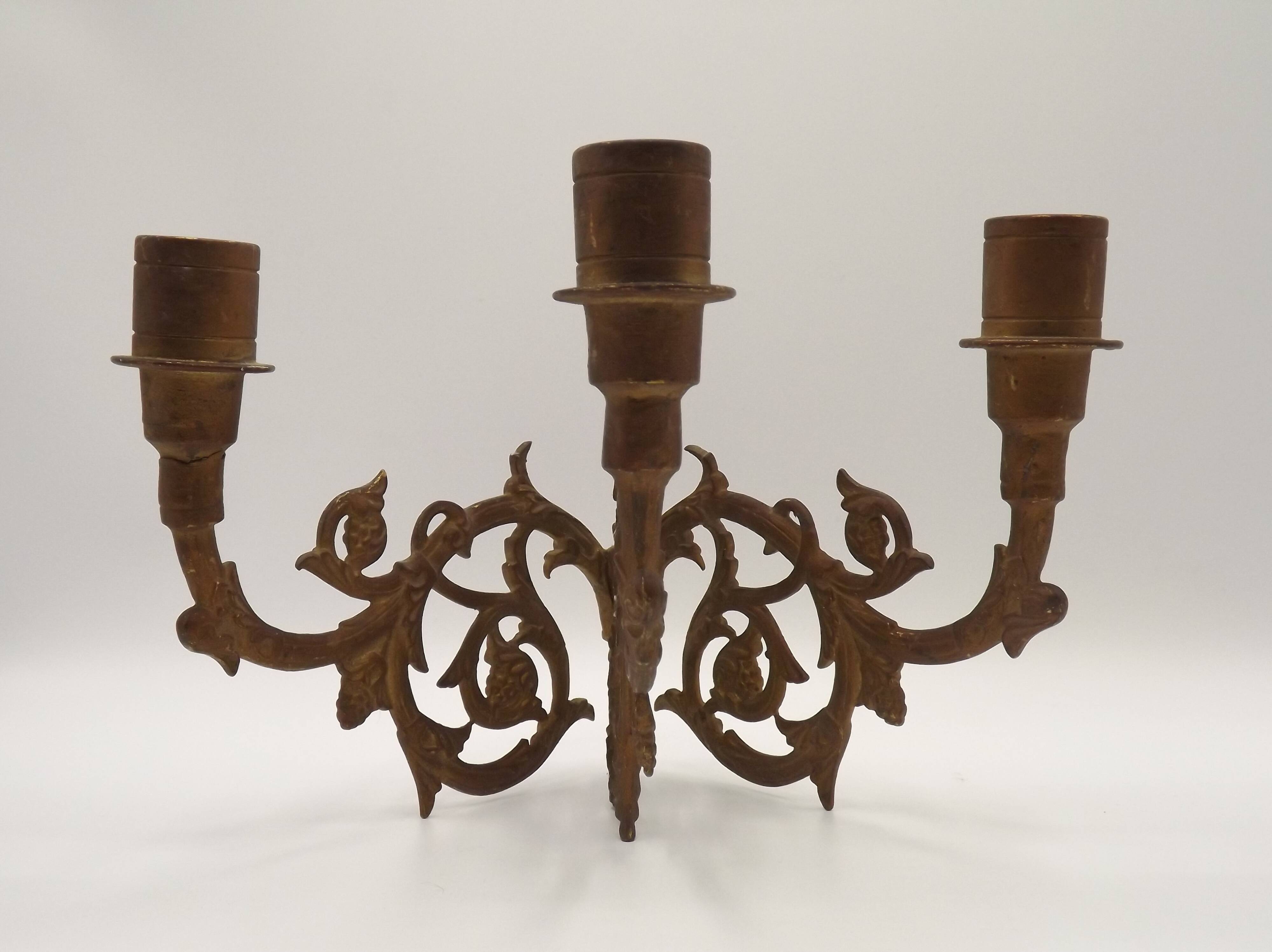 Stunning Pair of Large Antique 3-Arm Gilt Bronze Piano Sconce Candle Holders 4916