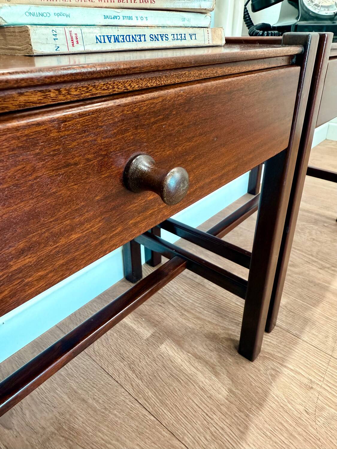Pair of walnut bedside tables designed by Jacques Hauville for Roche Bobois.