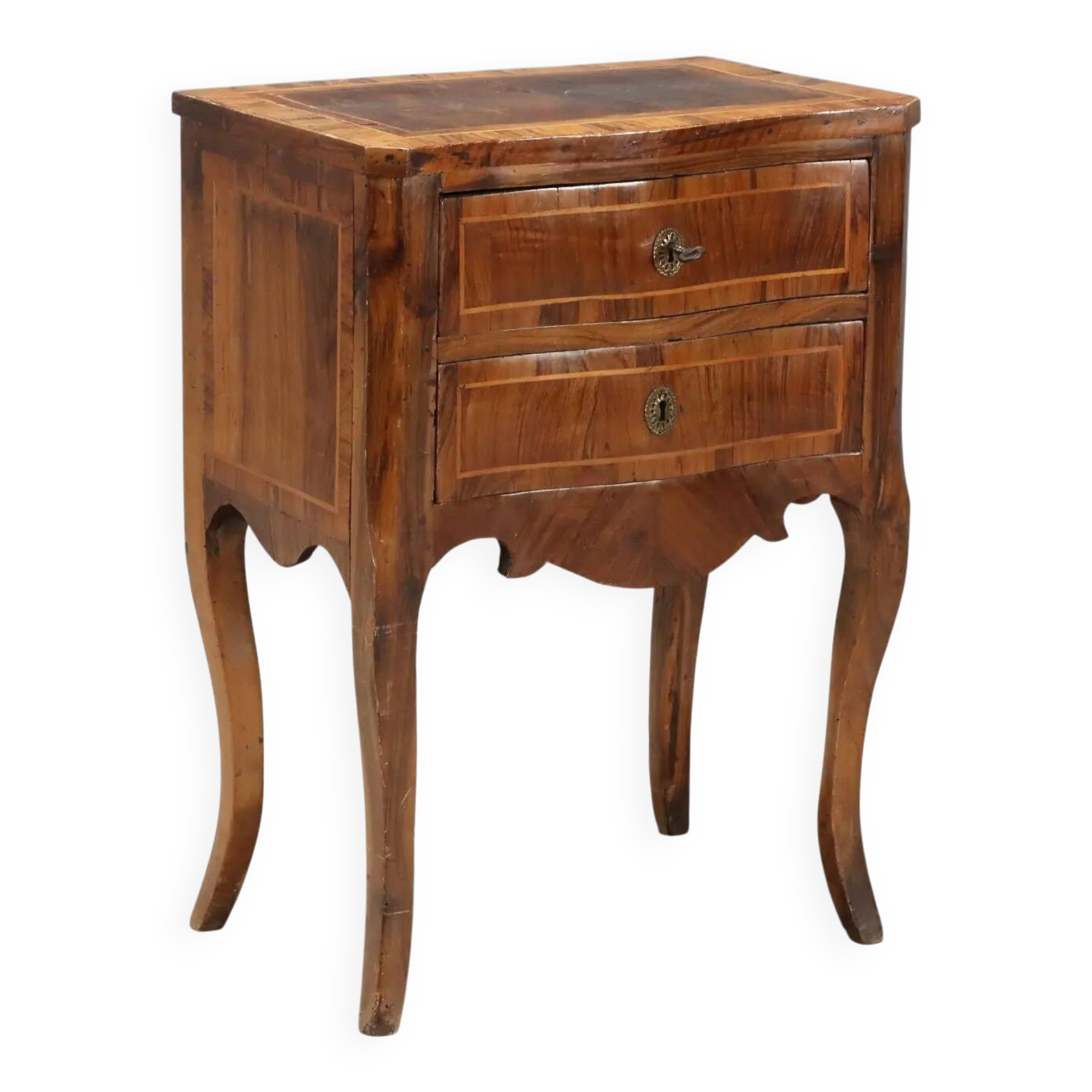 Antique baroque bedside table in walnut, olive wood, Italy, 18th century.