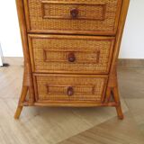 Semainier 6 tiroirs en bois, bambou et rotin tressé, années 60