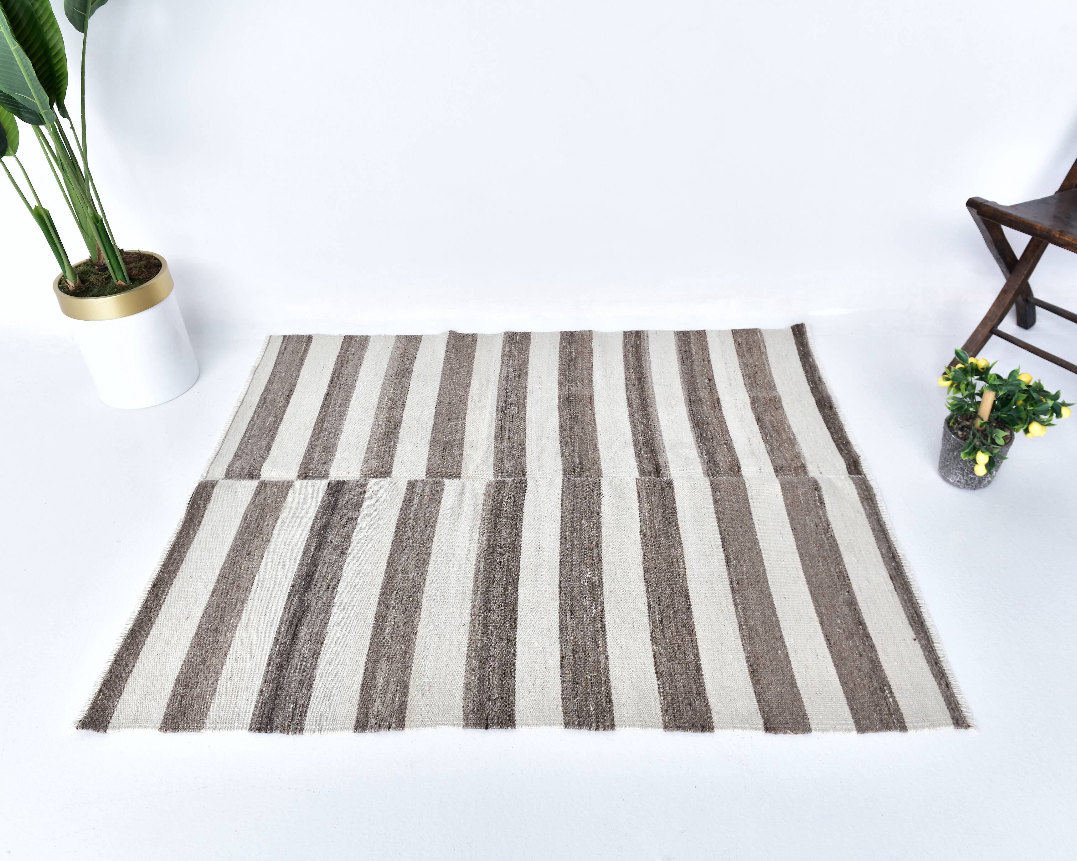 brown cream kilim carpet 120x140 cm, wool washabele rug , organic rug