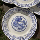 8 flat plates Digoin Sarreguemines blue and white vintage with countryside village décor