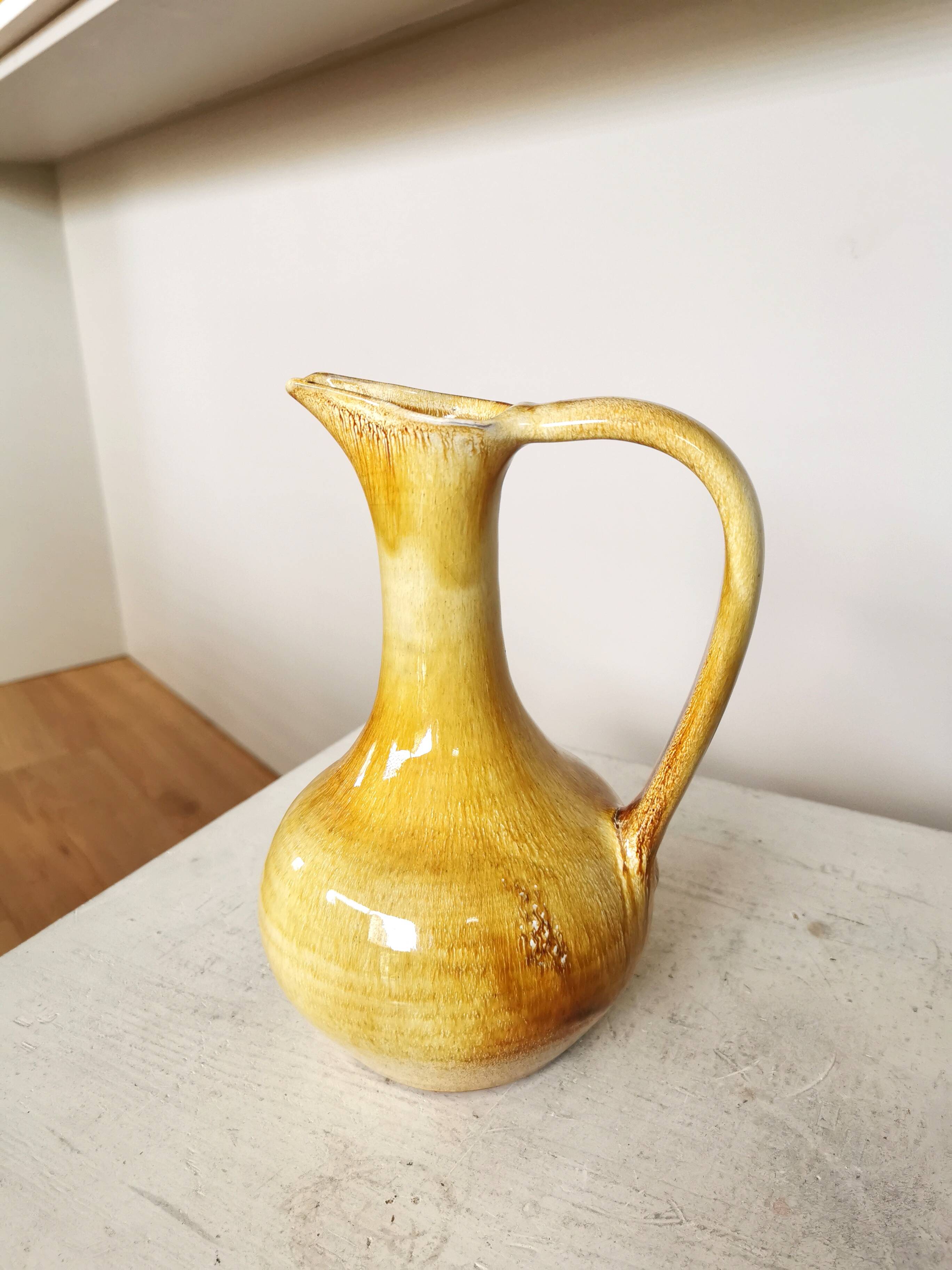 Handmade Ceramic Pitcher: 1970s LKC Pottery, Yellow Brown Glaze