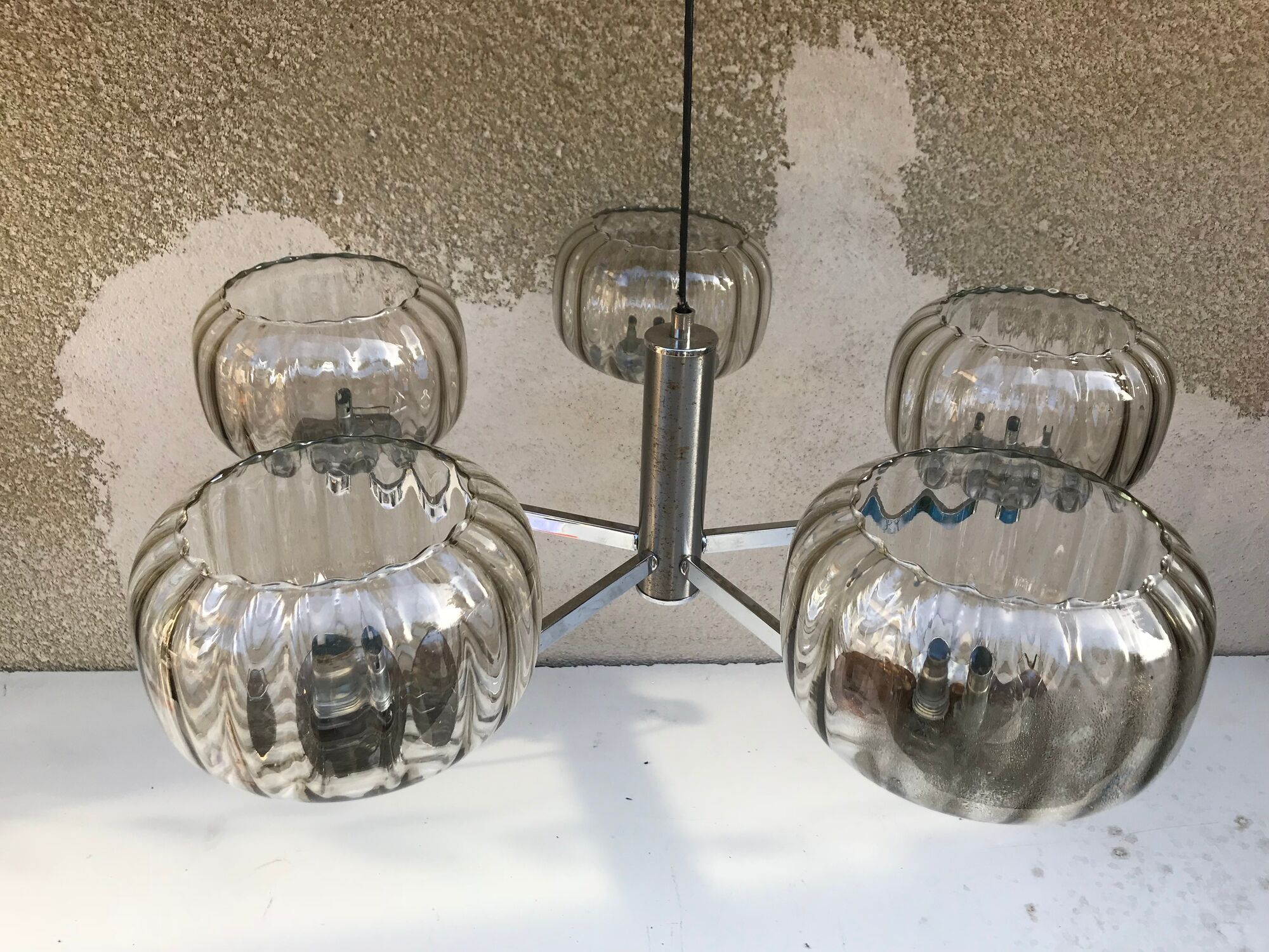 Chandelier 5 arm chromed metal old  70s vintage