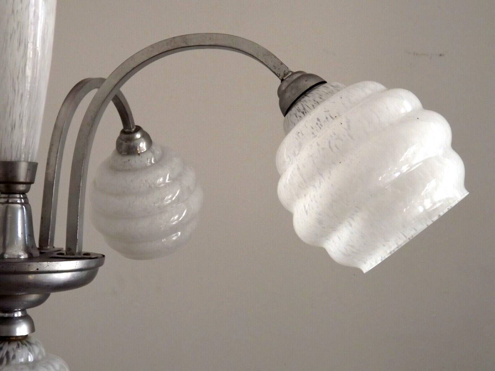 French Art Deco chandelier in silver-finished brass with 5 lights, Clichy white glass 4456.