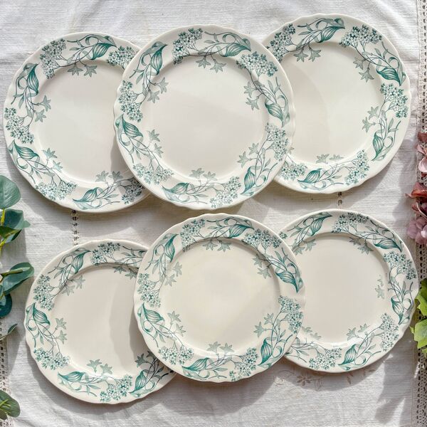 Lot de 6 Assiettes Plates Anciennes Terre de Fer ''Lilas'' – Longchamp XIXe –