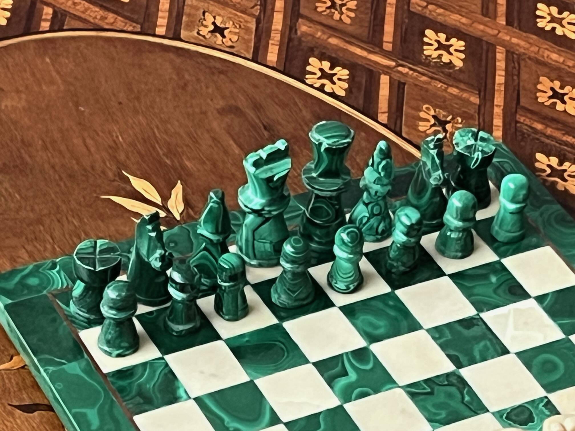 Handmade malachite chess set.
