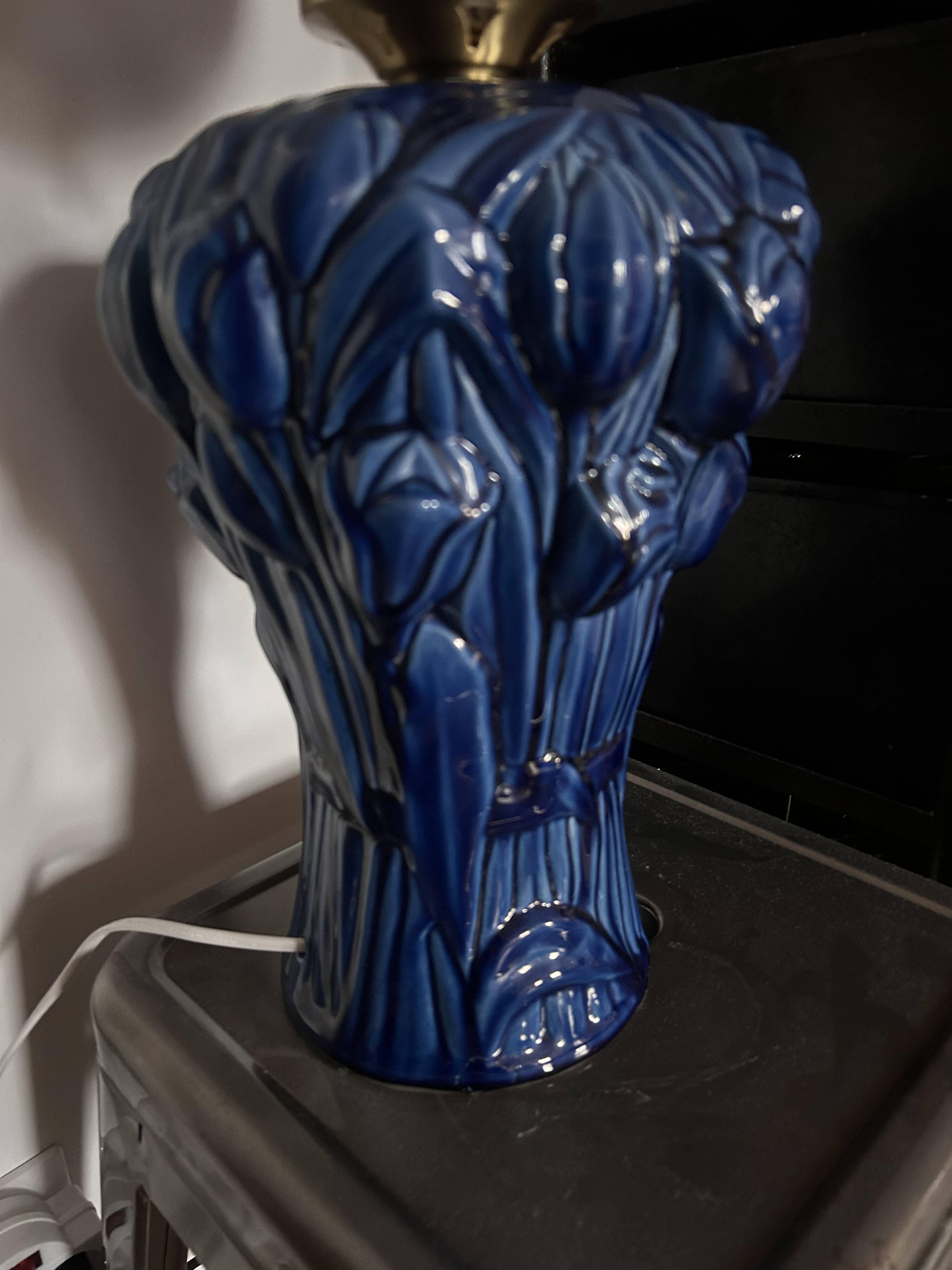 Vintage blue globe table lamp with white pleated globe