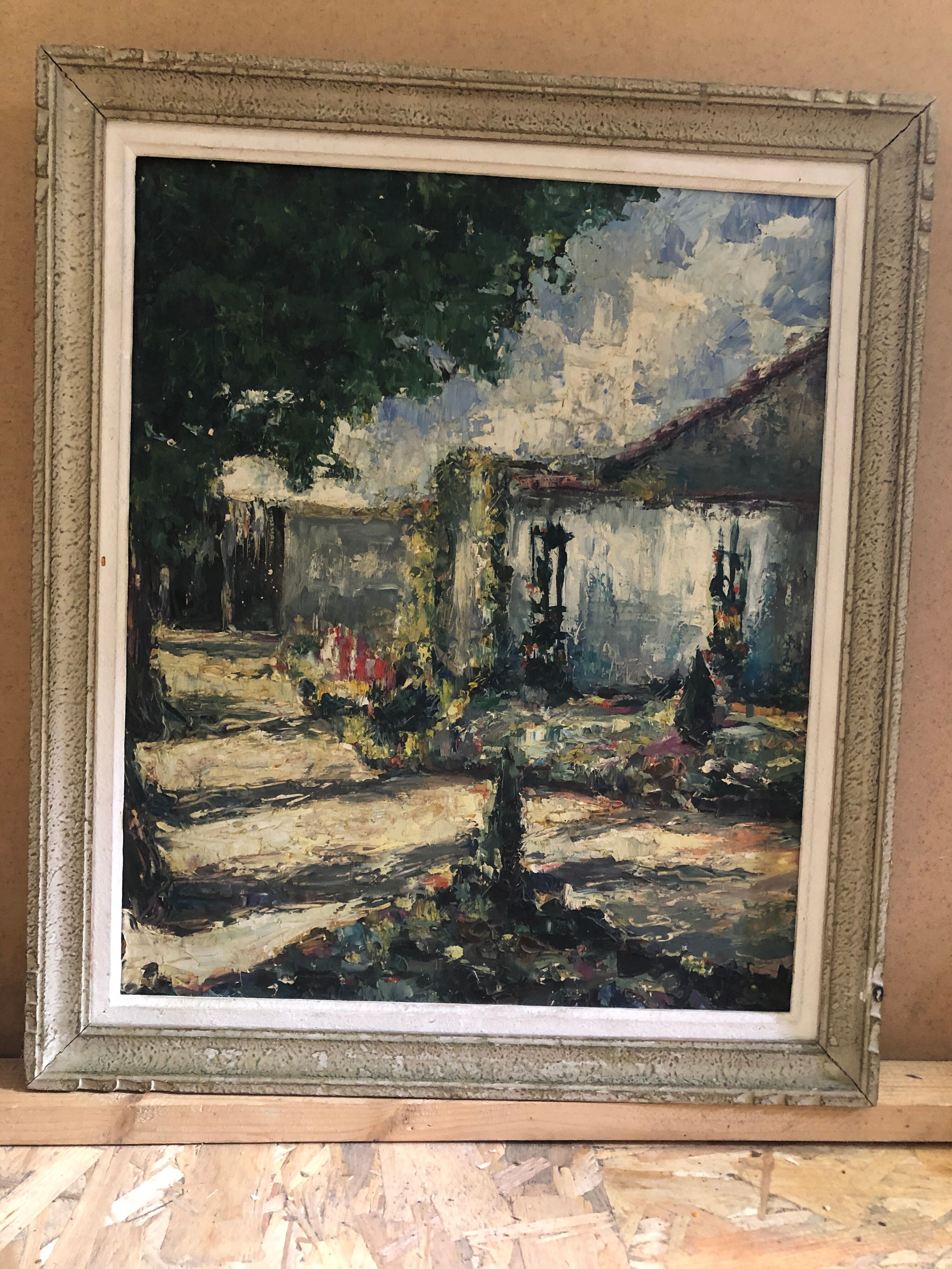 Ancien tableau huile au couteau sur panneau avec cadre bois vintage