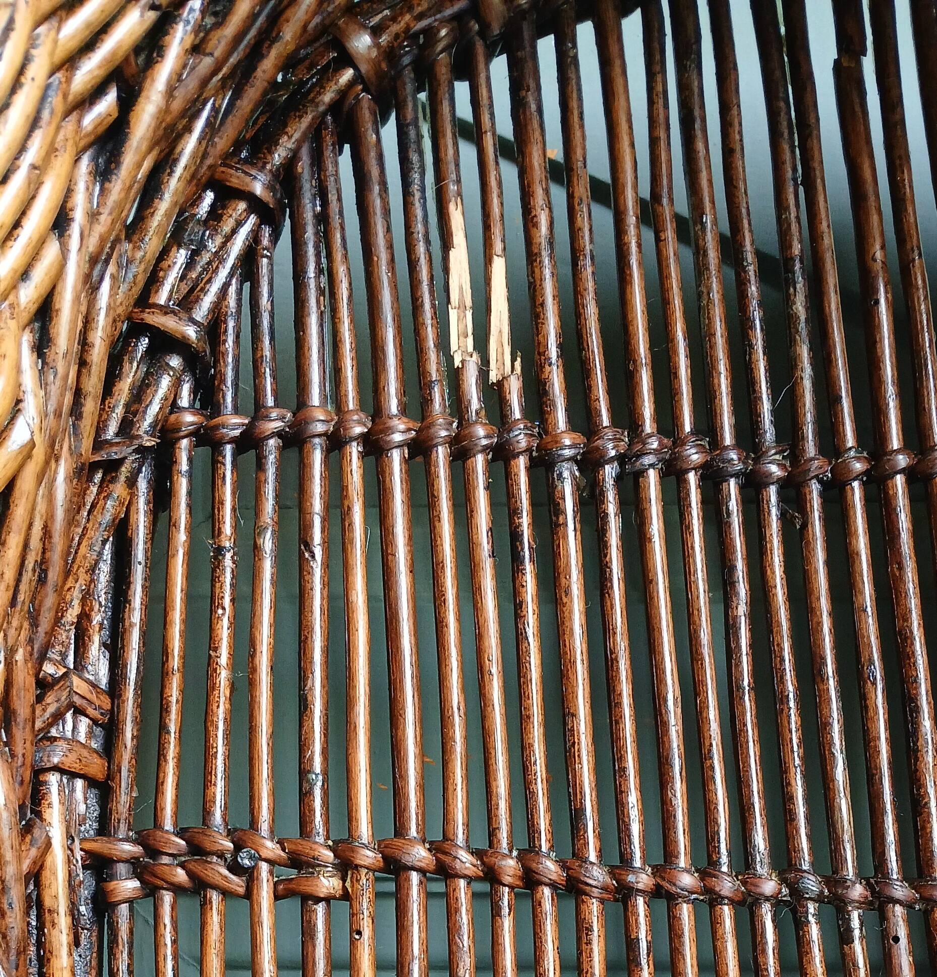 Handmade woven and dyed willow harvest basket.