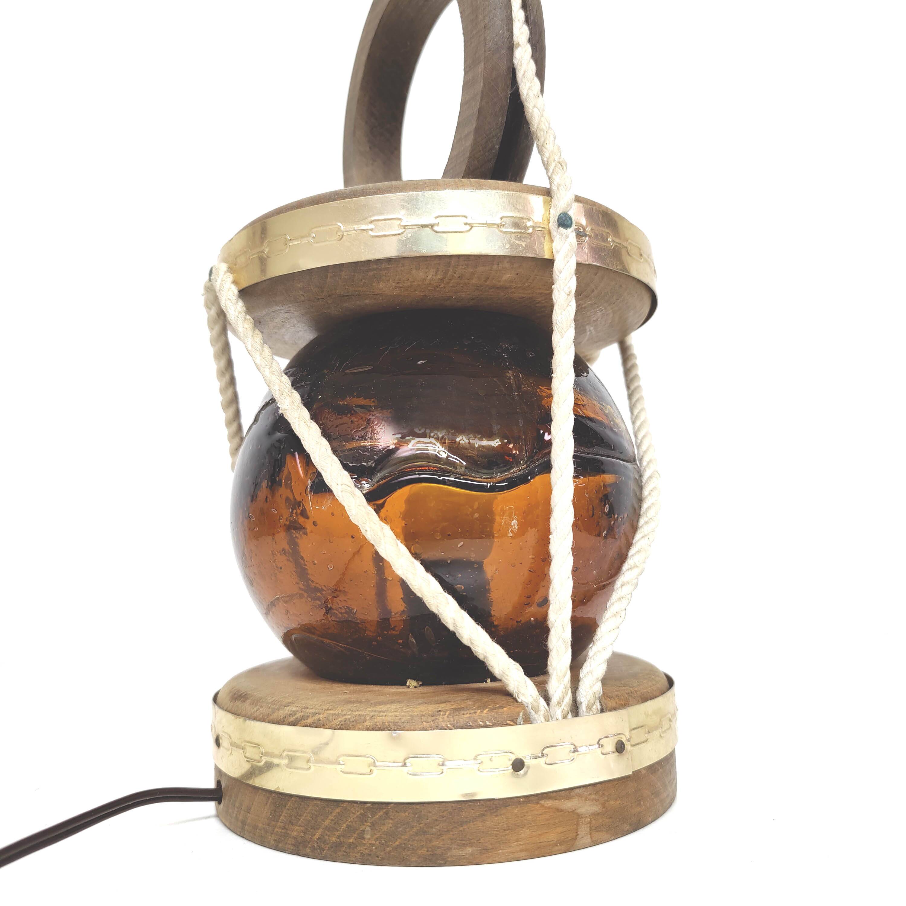 Marine lamp float amber blown glass wood and rope