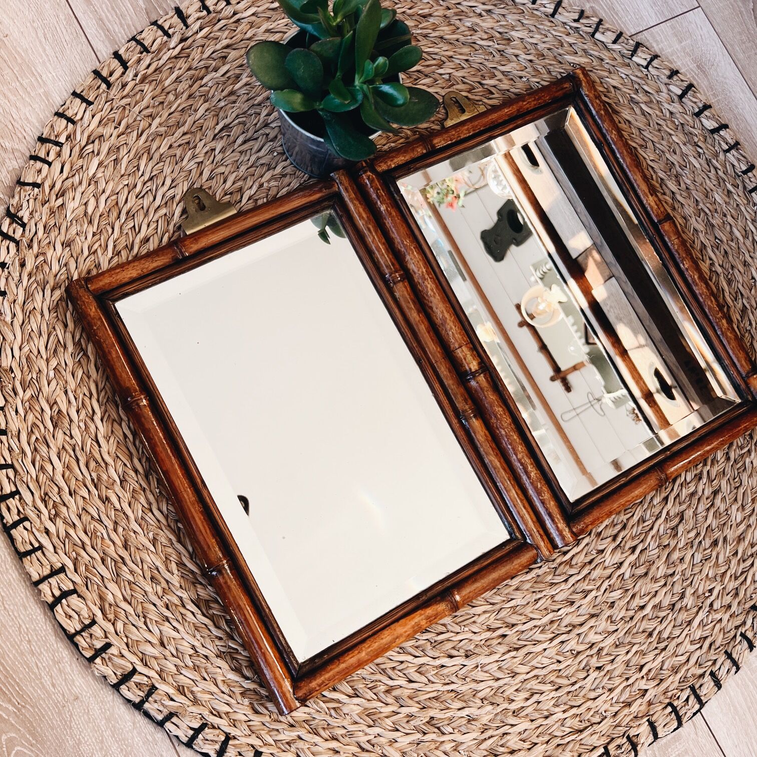 Duo of beveled bamboo mirrors