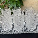 Tray and 6 mugs in blown and molded glass