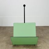 Postmodern magazine rack by Porada Arredi, green leather, 80s memphis