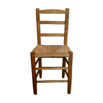 Chaise en bois clair et assise paillée, années 50-60