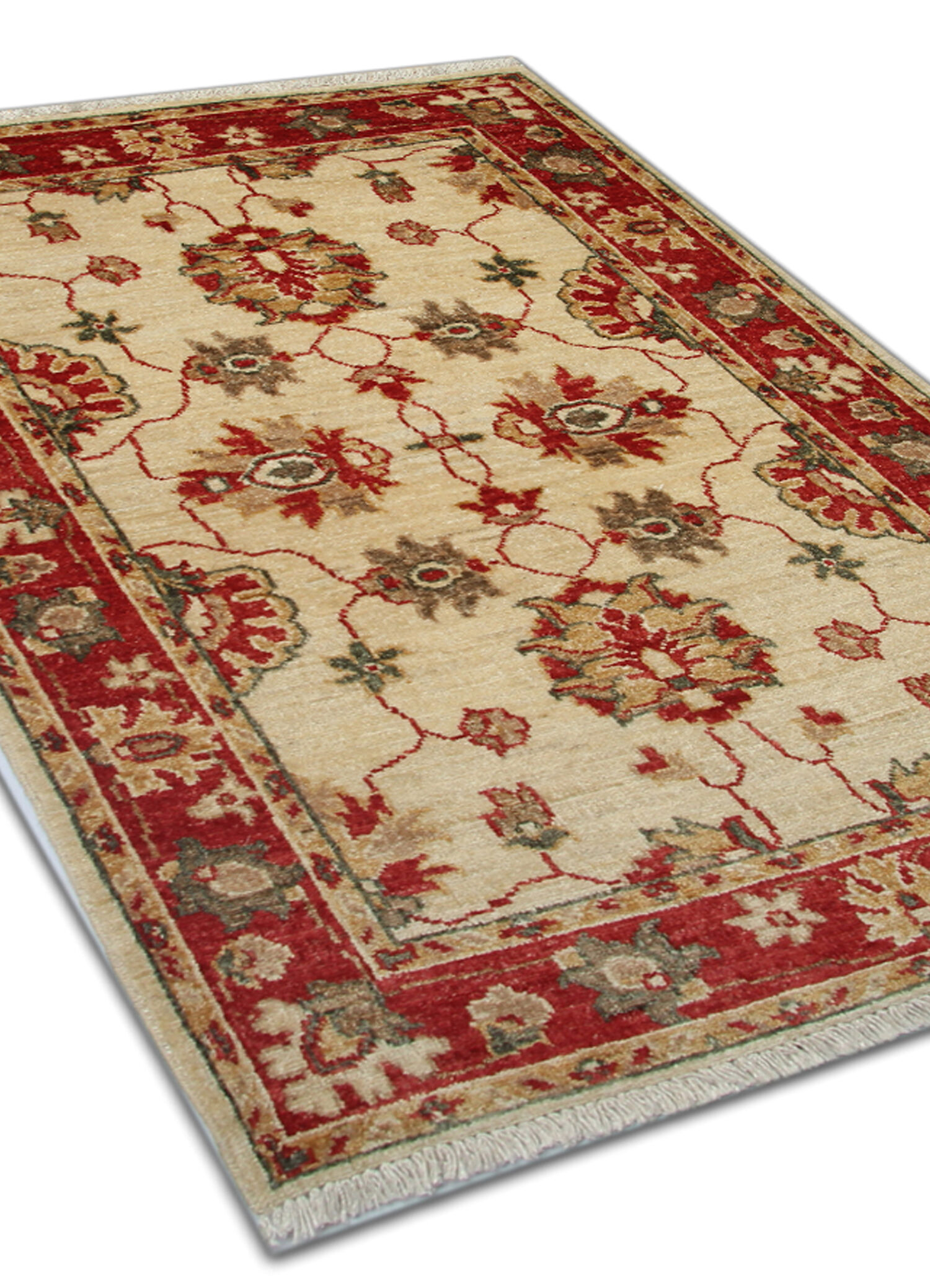 Red beige wool rug handmade oriental carpet traditional living room rug- 86x123cm