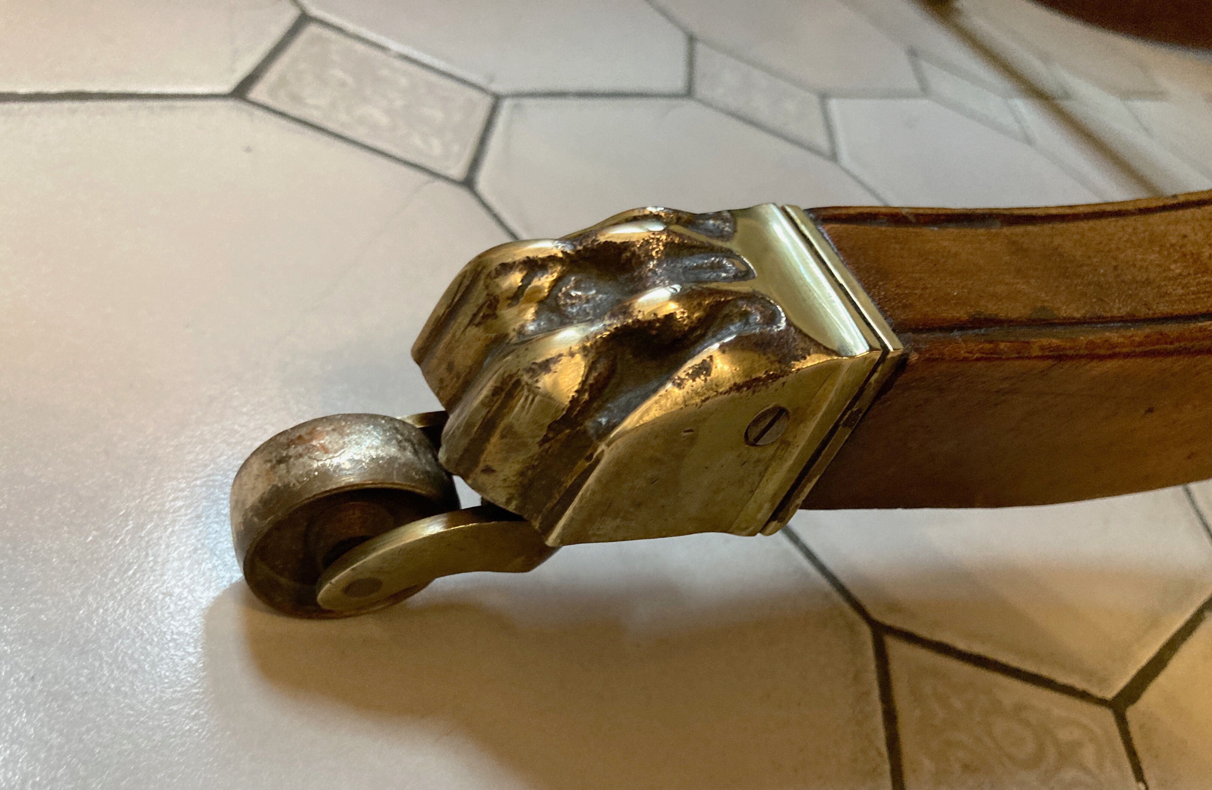 Old drum table 1900 cherry leather and brass