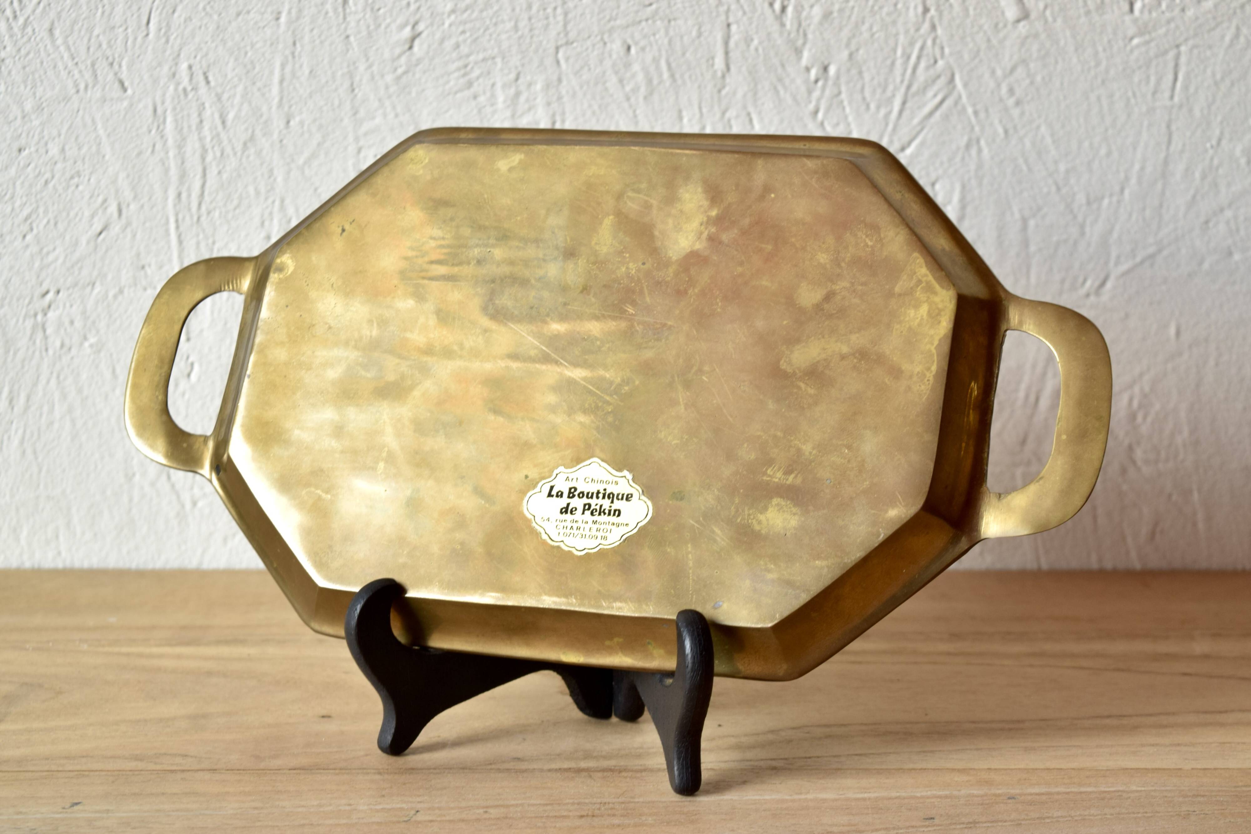 Small vintage brass tray with cloisonné enamel floral decoration - 1960.