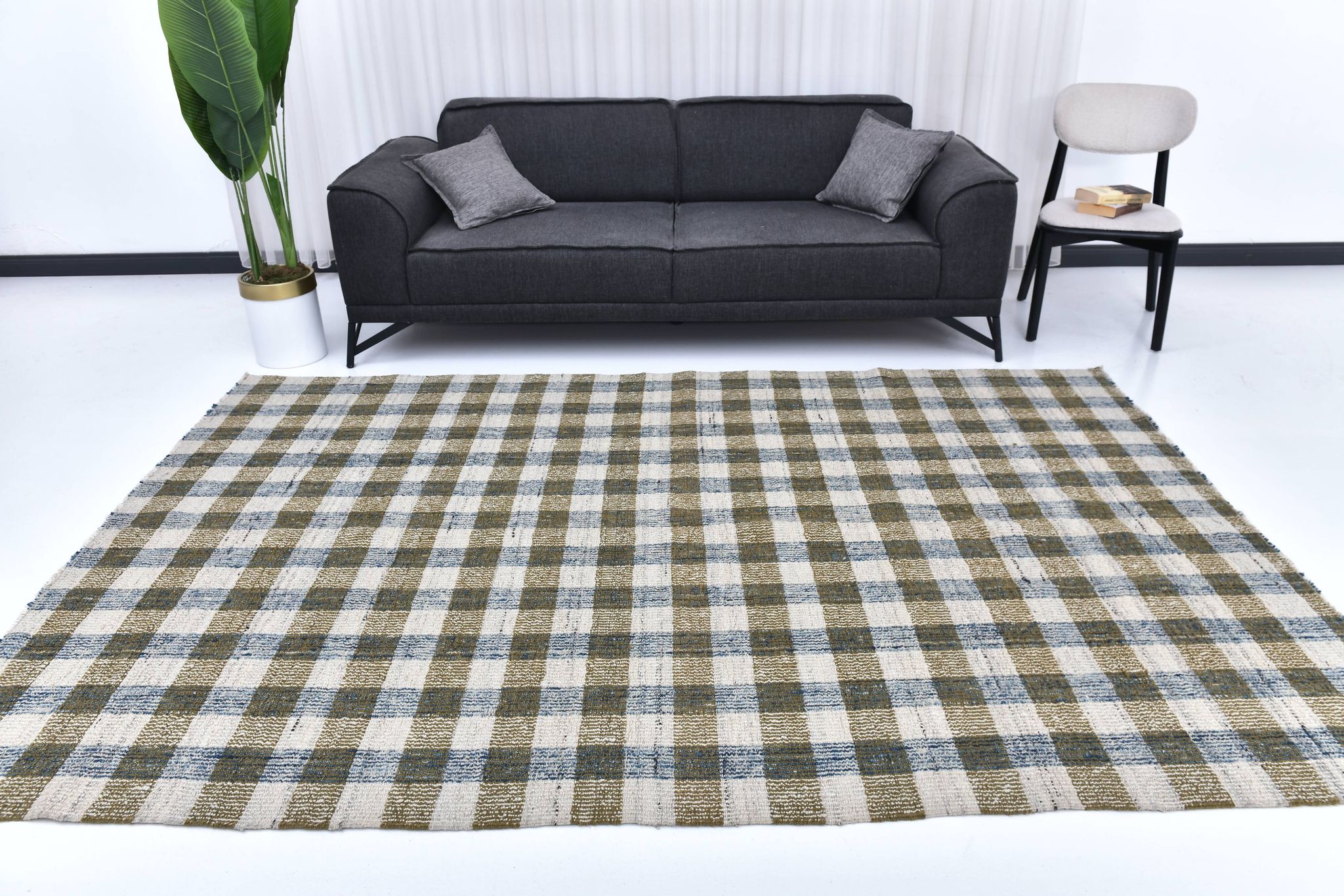 290x190 cm indigo blue mustard kilim carpet, wool made kilim rug.