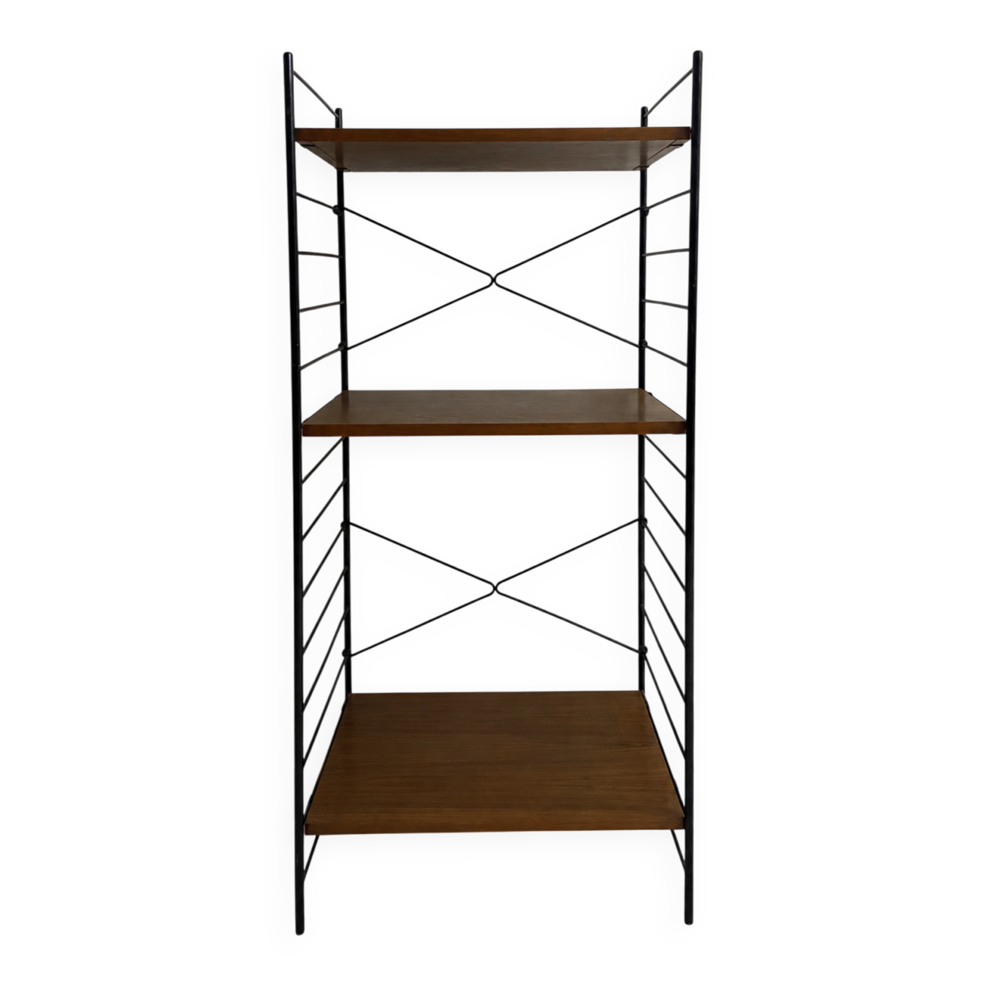small vintage metal and teak string bookshelf