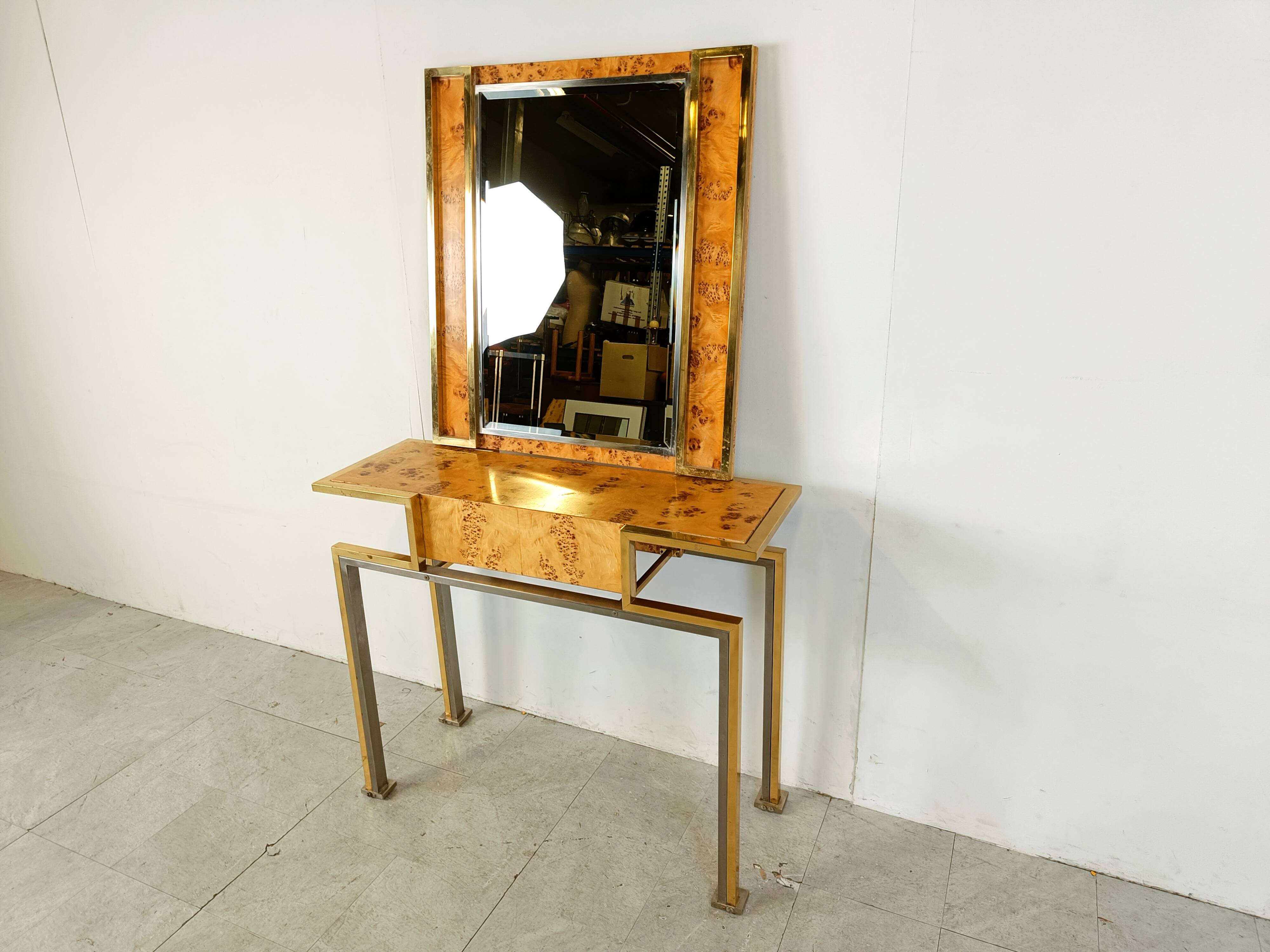 Vintage burl wood console with mirror, 1970s