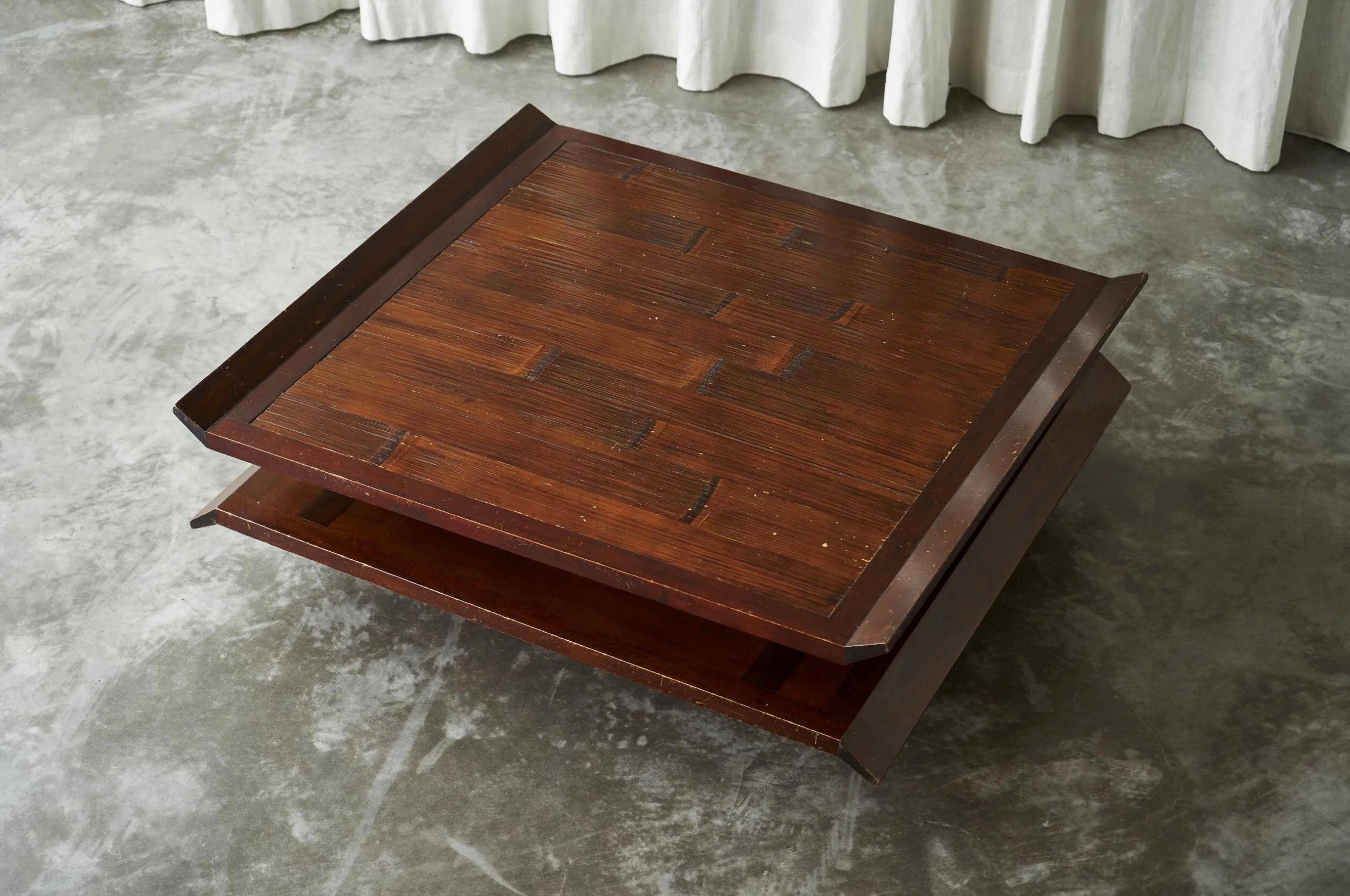 Two-level pagoda coffee table in Wabi-Sabi style, wood and bamboo from the 1970s.