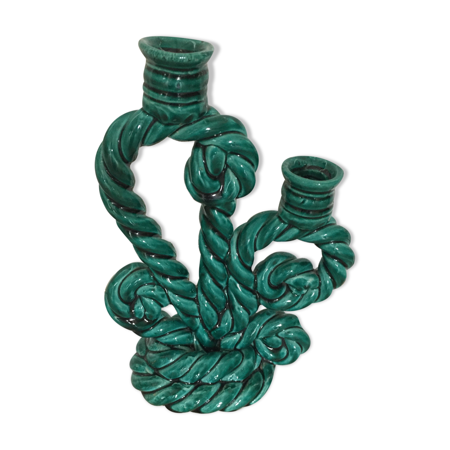 Double candlestick in green twisted ceramic vintage 50s