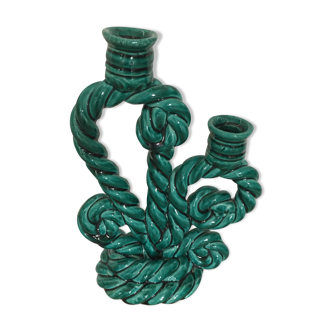 Double candlestick in green twisted ceramic vintage 50s