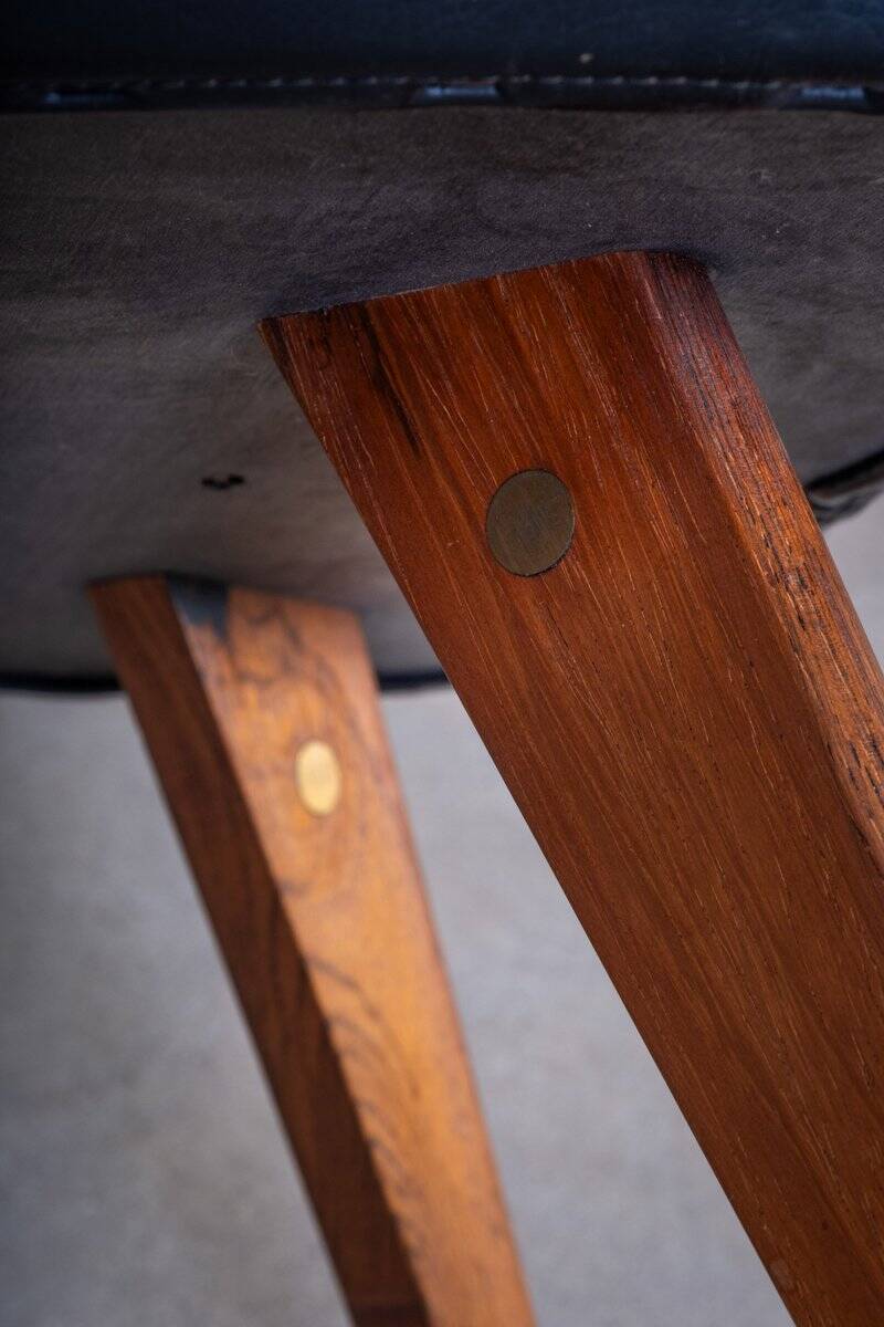 Mid-Century Teak Stool with Black Leather Seat, Denmark, 1960s