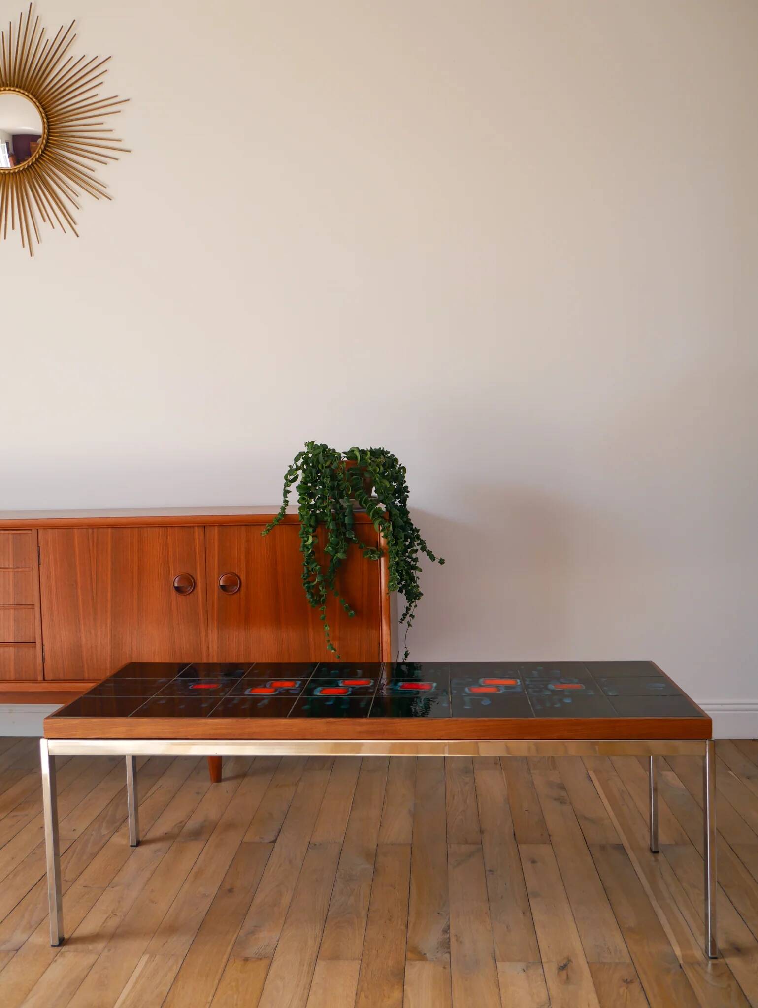 Table basse en céramique, teck & chrome, design, 1970