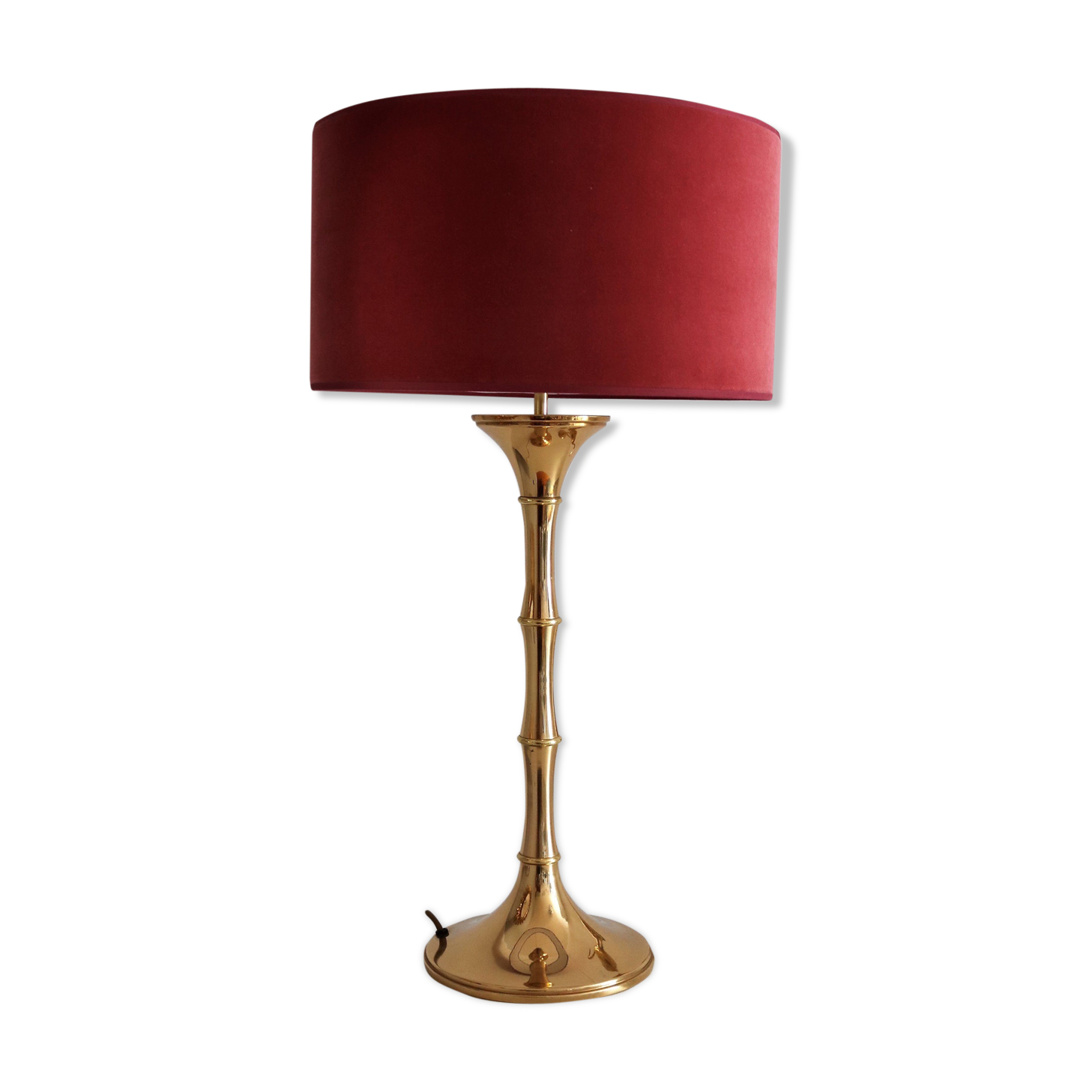 Brass bamboo table lamp by Ingo Maurer with velvet lampshade, 1960